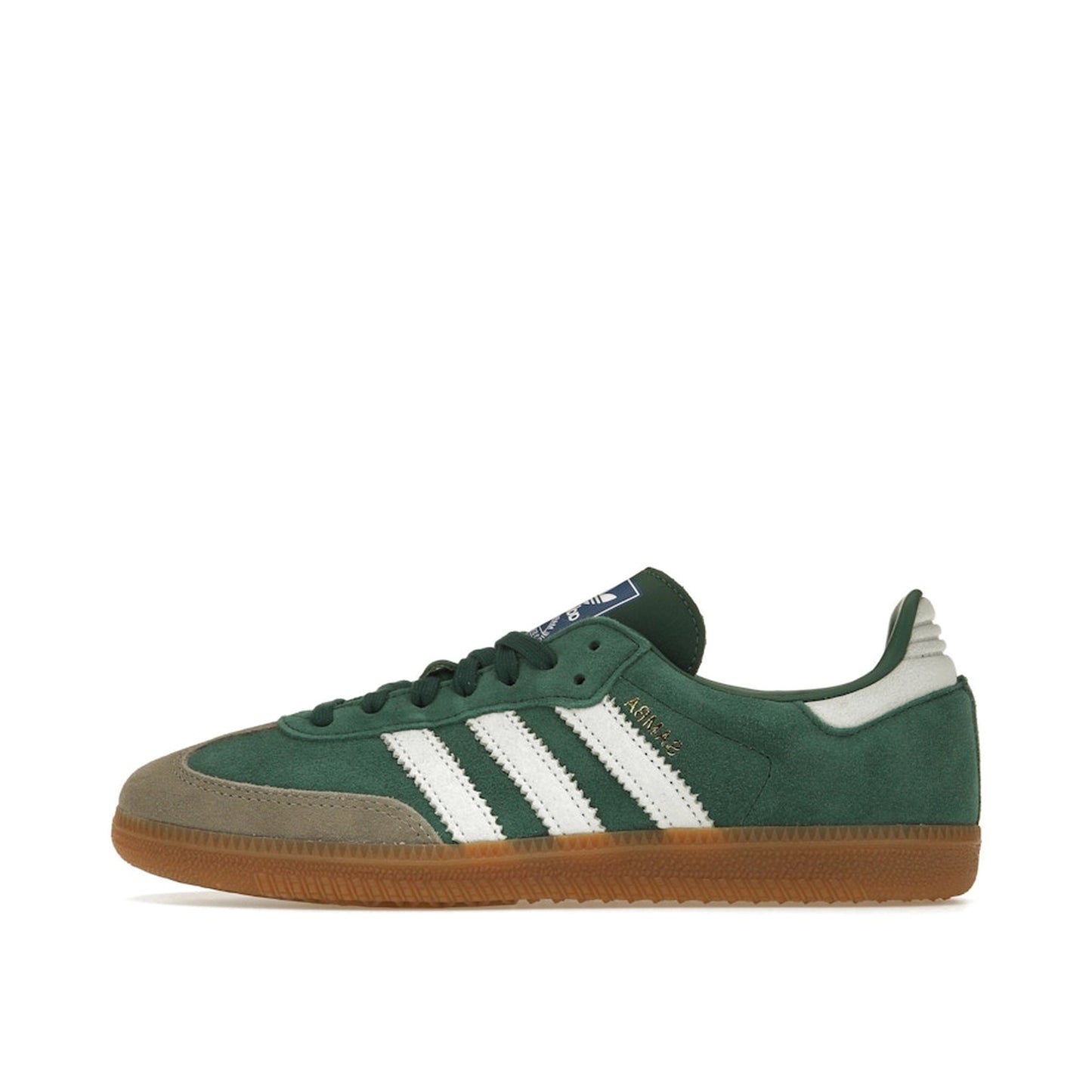 Adidas Samba OG sneakers, side view, model ID2054, collegiate green with gum sole and grey toe accents.