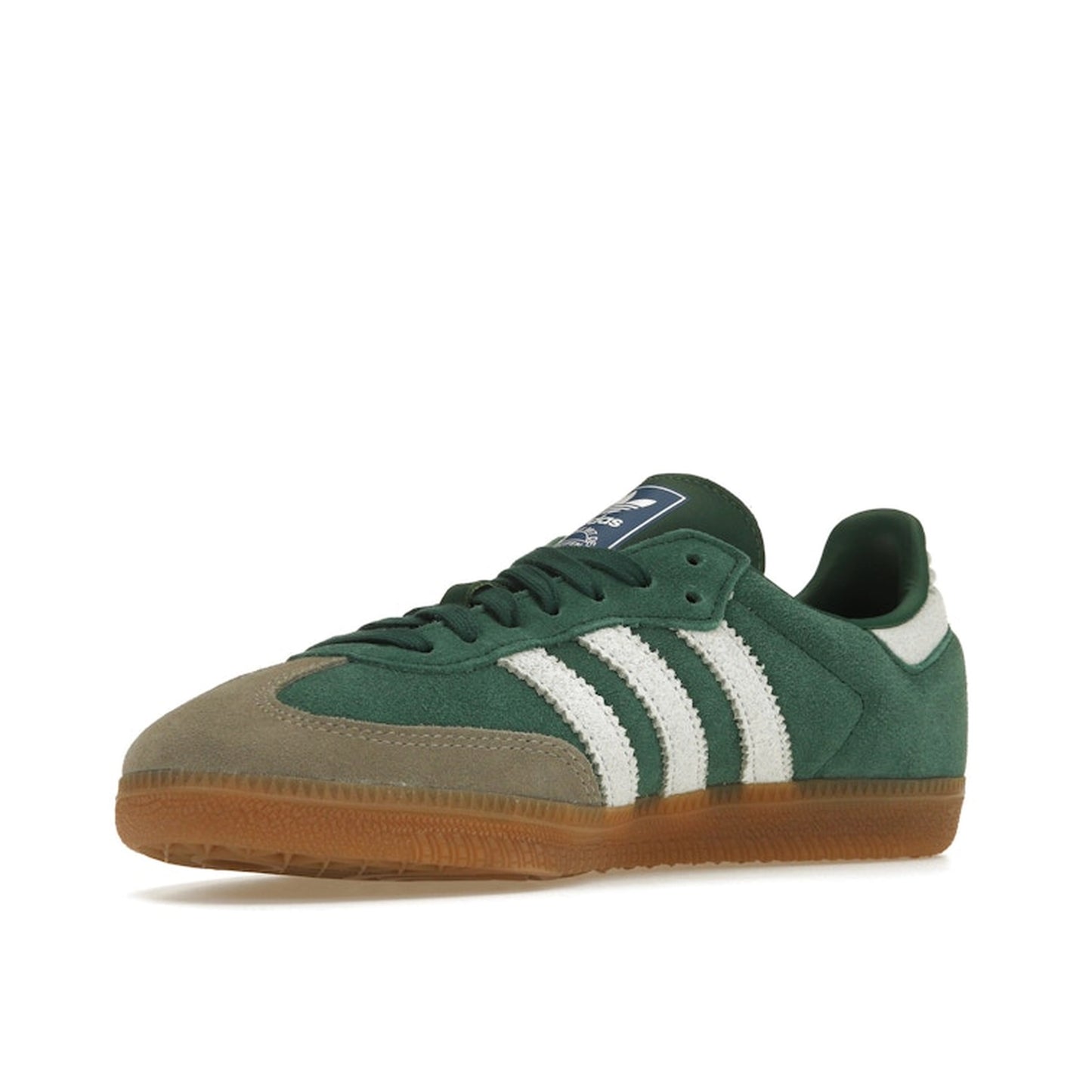 Adidas Samba OG sneakers, front view, model ID2054, collegiate green with gum sole and grey toe accents.