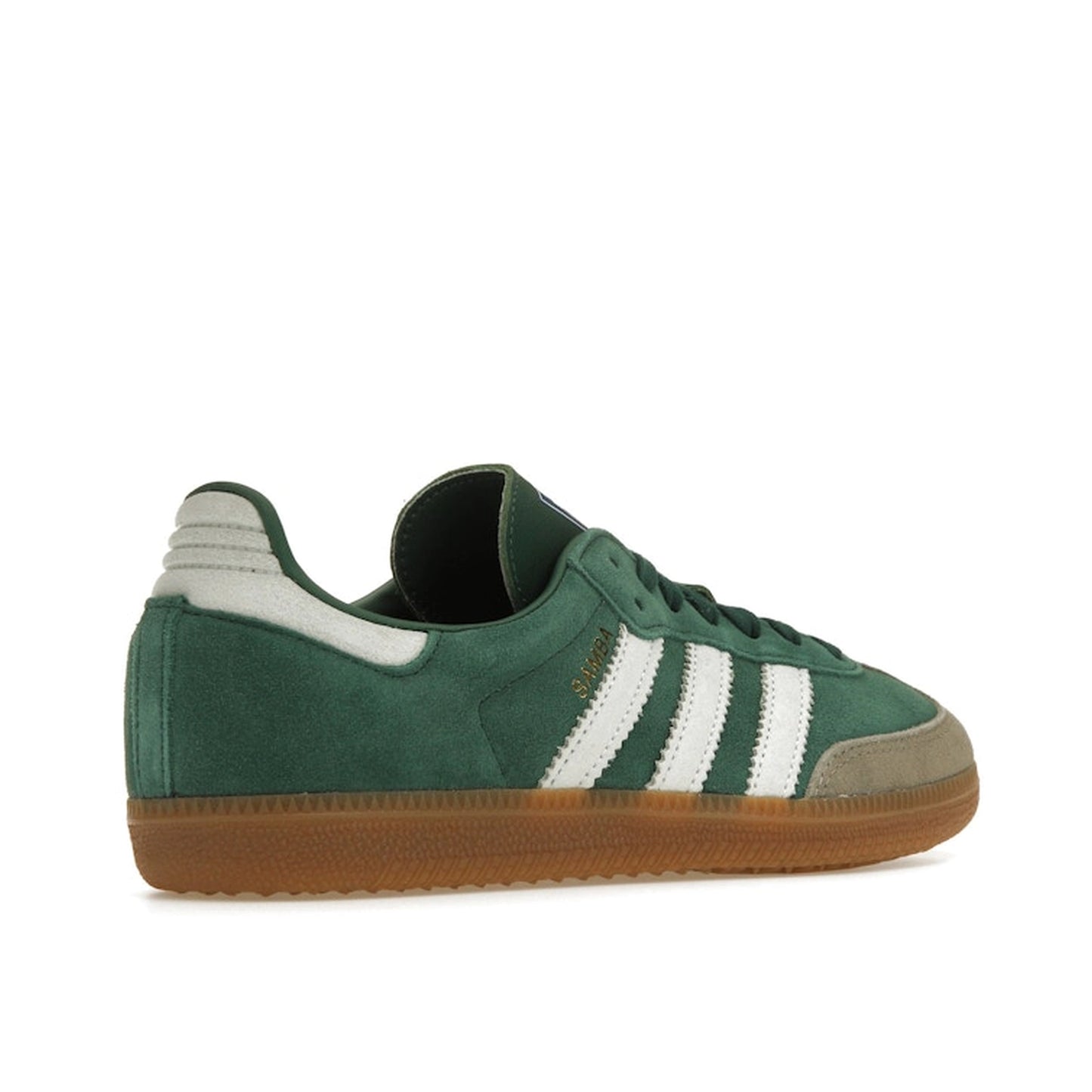 Adidas Samba OG sneakers, back view, model ID2054, collegiate green with gum sole and grey toe accents.