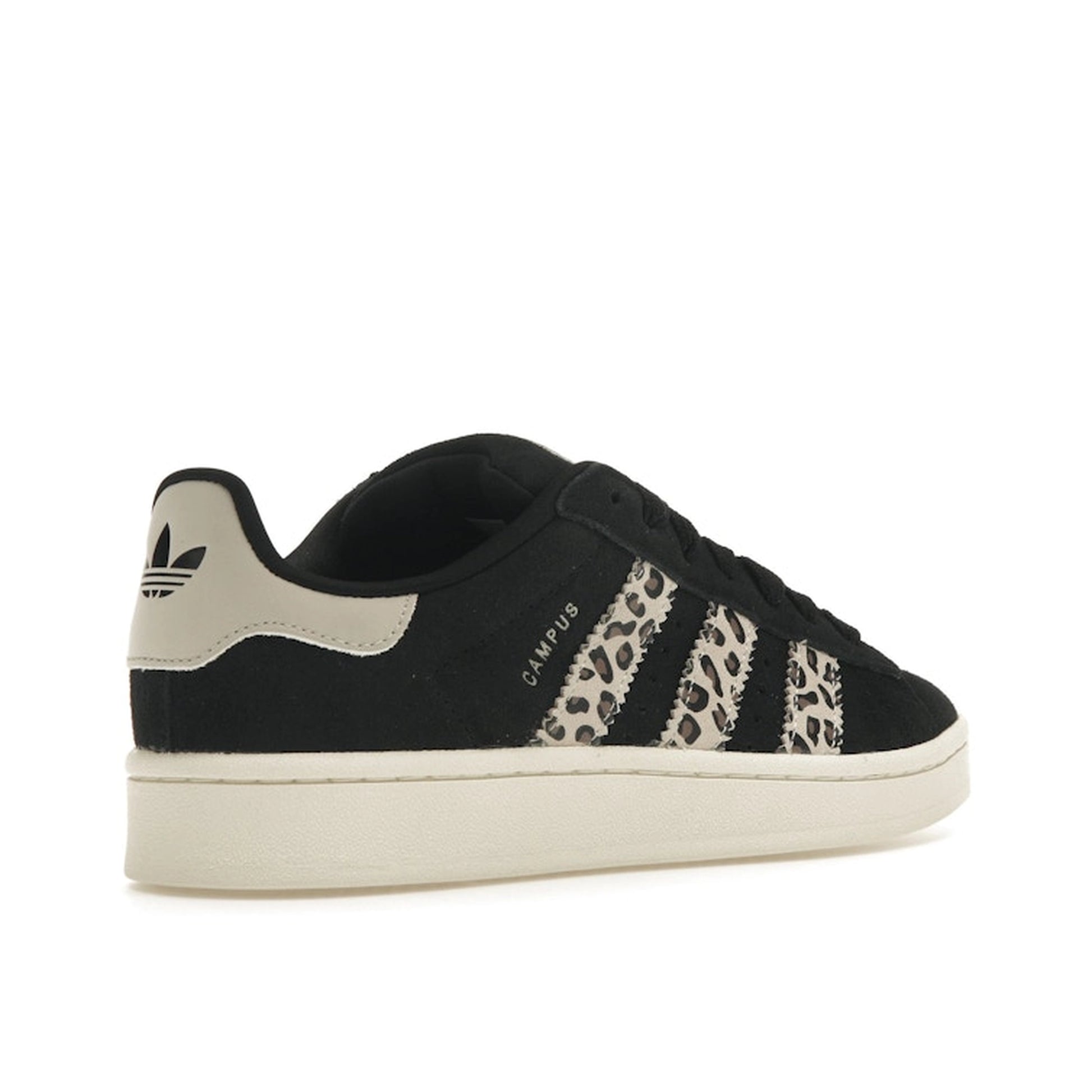 Adidas Campus 00s sneakers, back view, model ID7039, in black with leopard stripes.