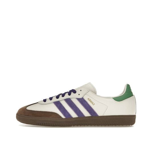 Adidas Samba OG sneakers, side view, model ID8349, off white with core purple, green, and brown accents.