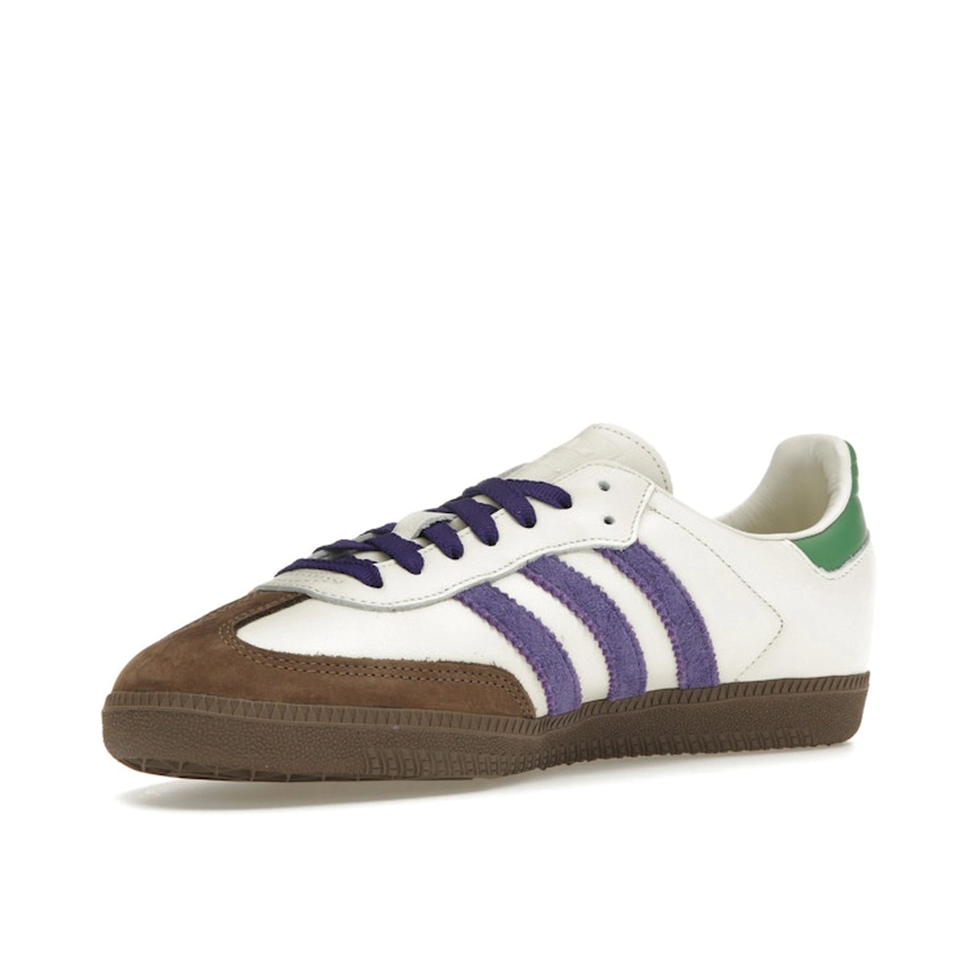 Adidas Samba OG sneakers, front view, model ID8349, off white with core purple, green, and brown accents.