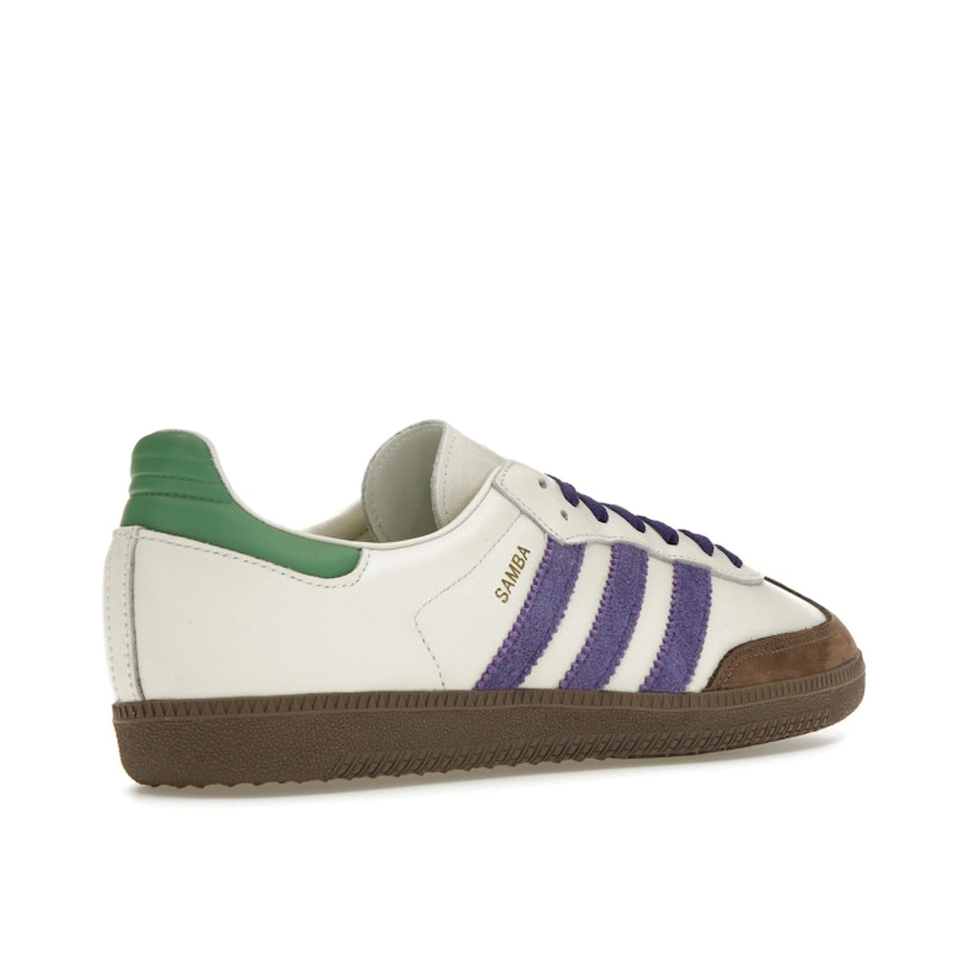 Adidas Samba OG sneakers, back view, model ID8349, off white with core purple, green, and brown accents.