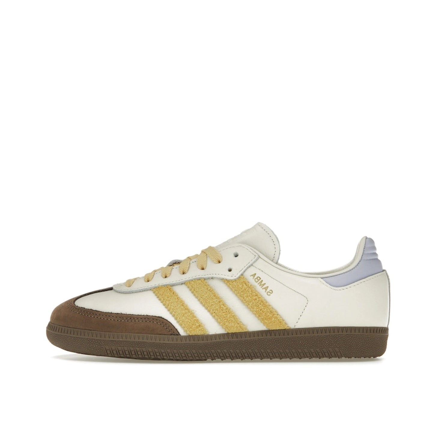 Adidas Samba OG sneakers, side view, model IE0875, off white with violet tones and yellow suede accents.