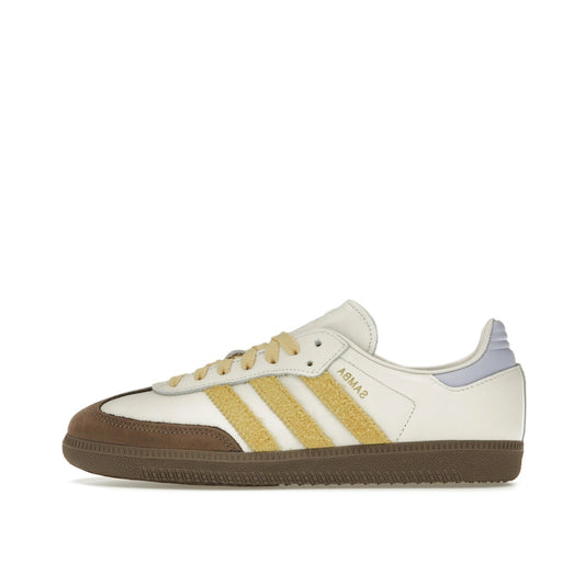 Adidas Samba OG sneakers, side view, model IE0875, off white with violet tones and yellow suede accents.