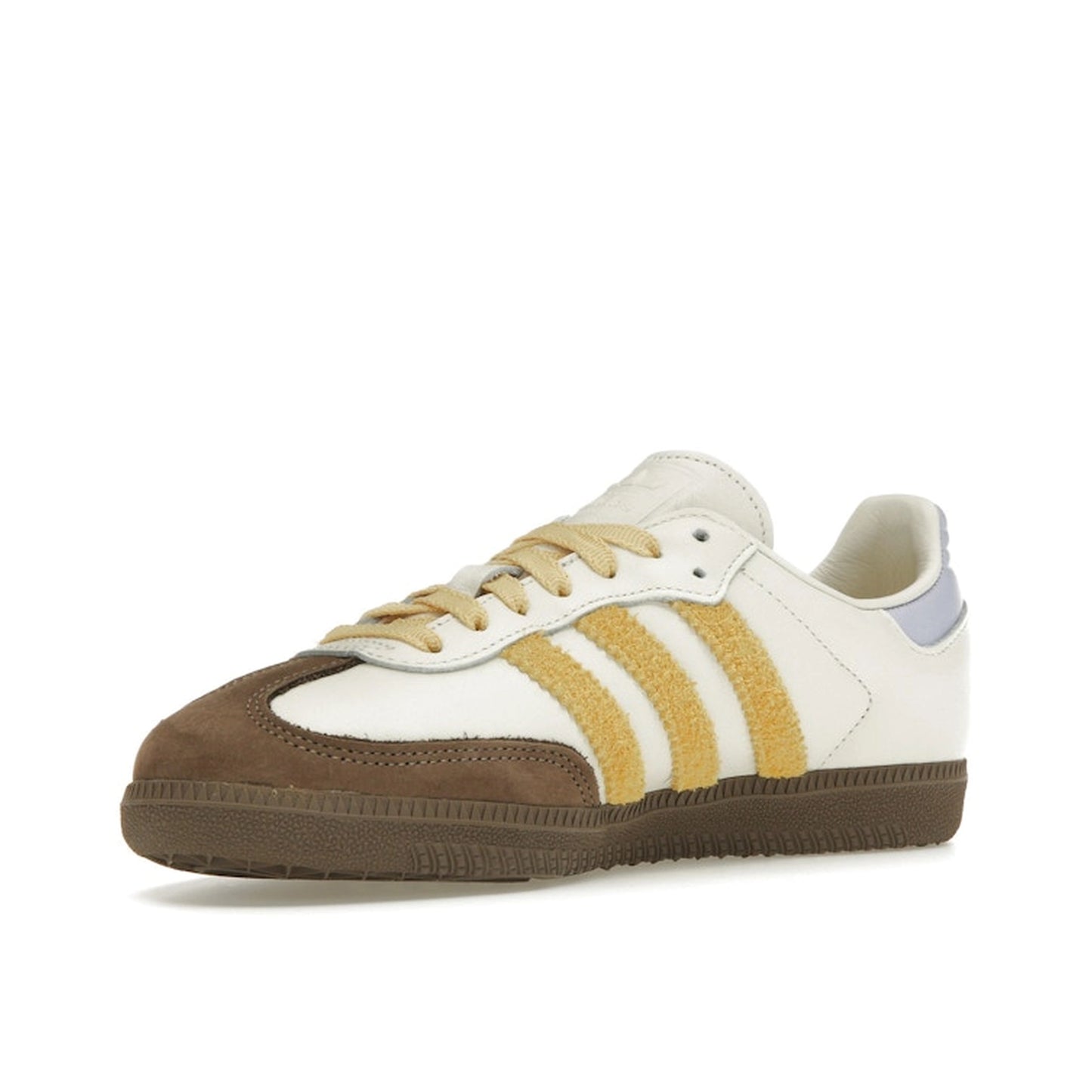 Adidas Samba OG sneakers, front view, model IE0875, off white with violet tones and yellow suede accents.