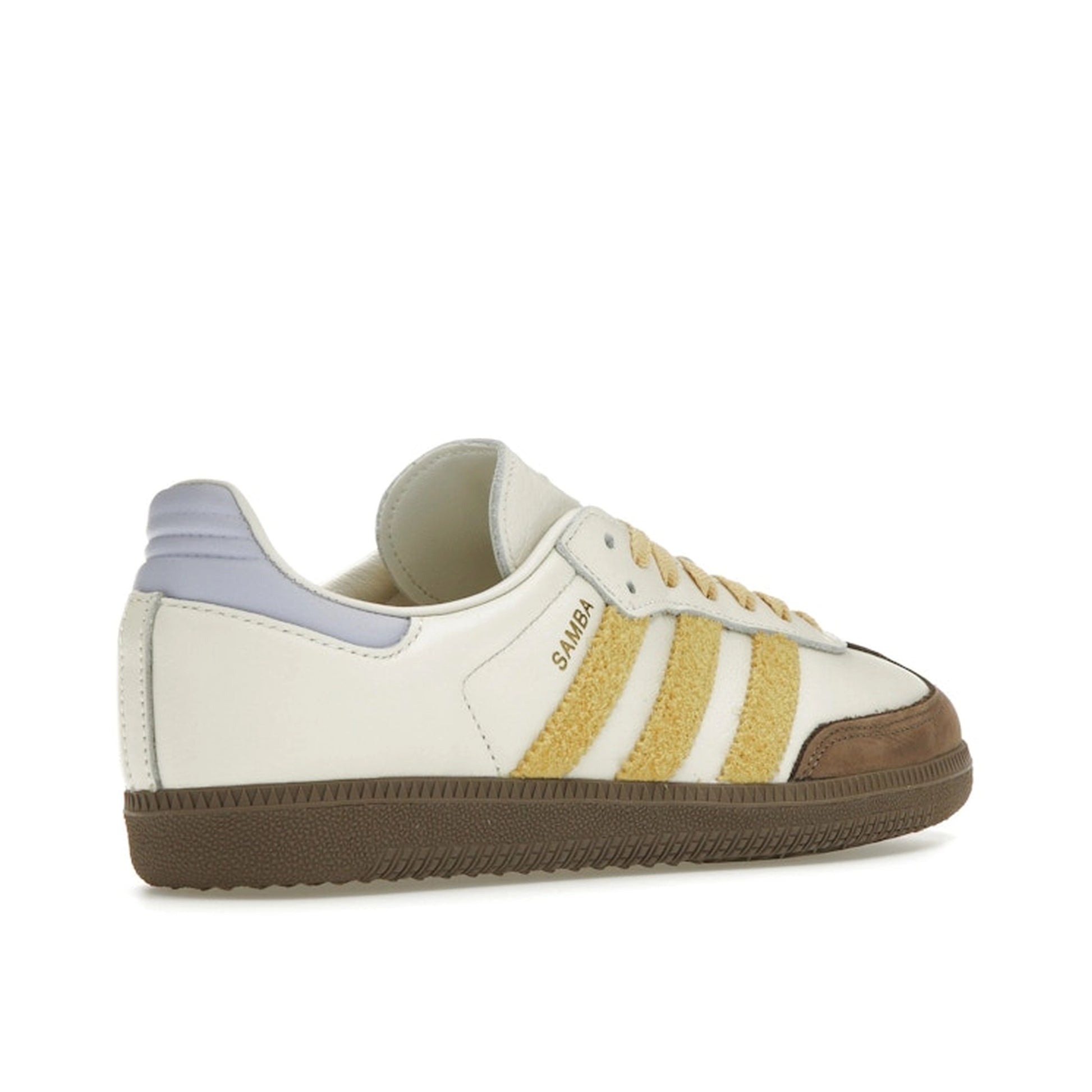 Adidas Samba OG sneakers, back view, model IE0875, off white with violet tones and yellow suede accents.