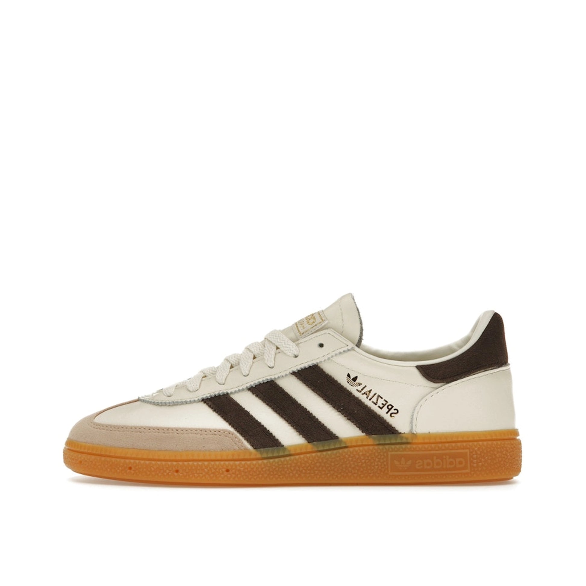 Adidas Handball Spezial sneakers, side view, model IE3709, in off-white with dark brown accents.