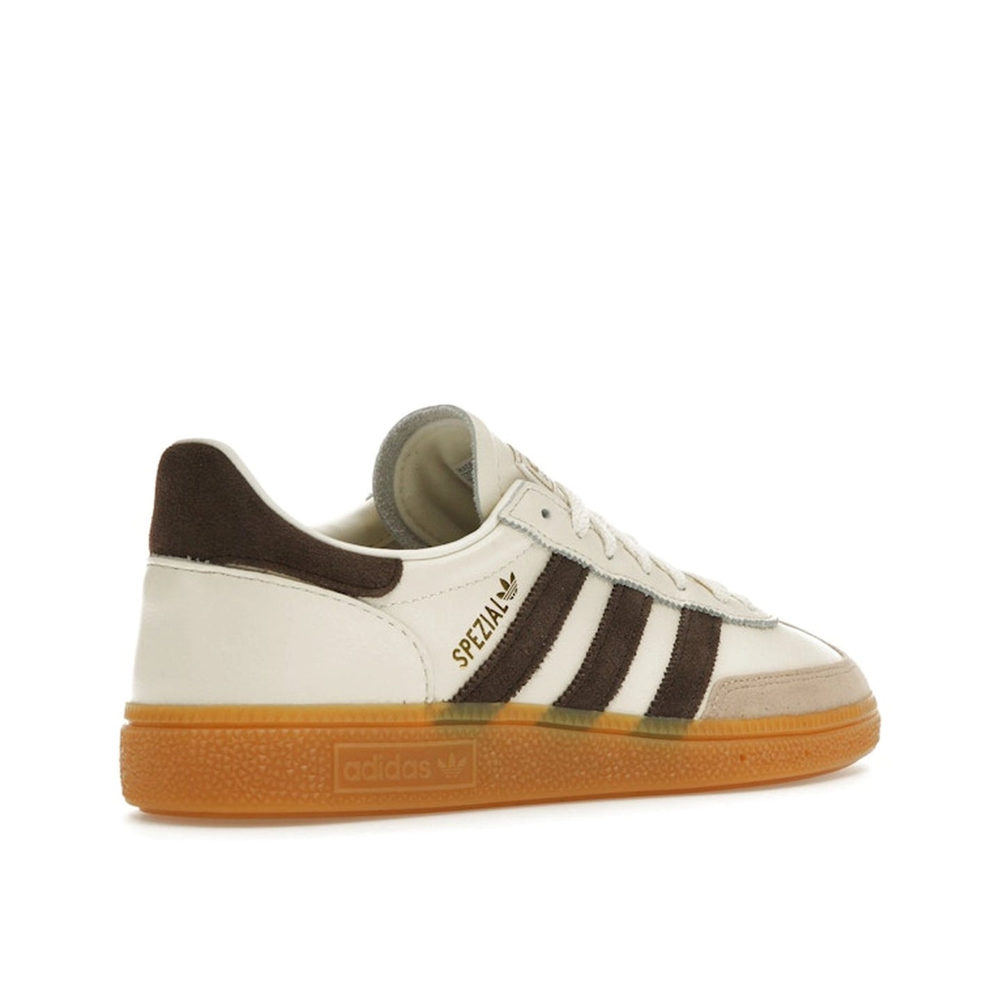 Adidas Handball Spezial sneakers, back view, model IE3709, in off-white with dark brown accents.