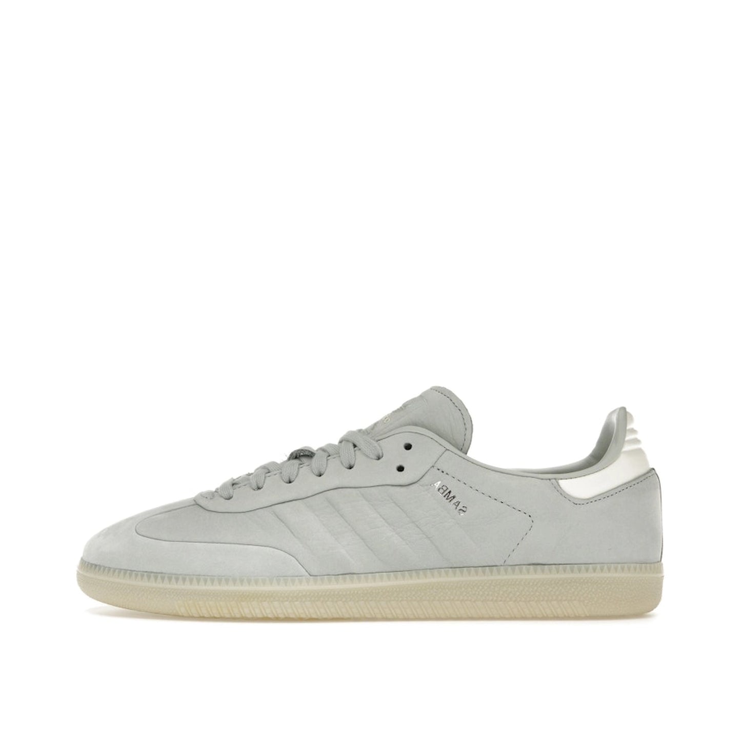 Adidas Samba Wonder Silver sneakers, side view, model IE4957, light silver with white and gum sole accents.