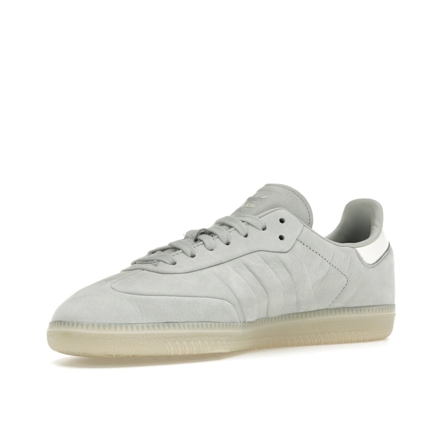 Adidas Samba Wonder Silver sneakers, front view, model IE4957, light silver with white and gum sole accents.