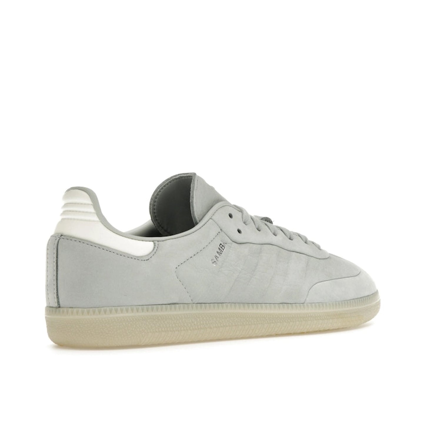 Adidas Samba Wonder Silver sneakers, back view, model IE4957, light silver with white and gum sole accents.