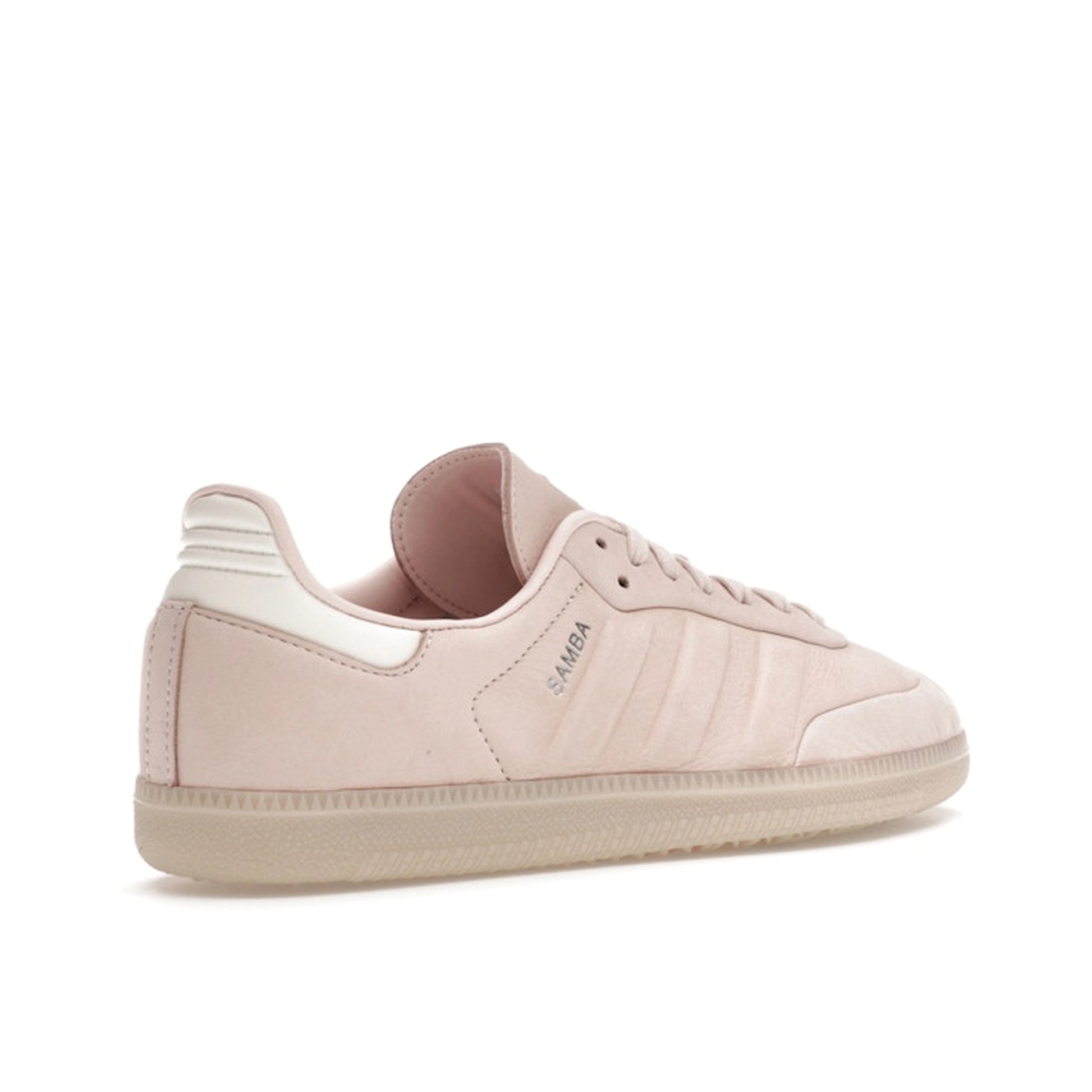 Adidas Samba Wonder sneakers, back view, model IE4958, all pink with light gum sole.