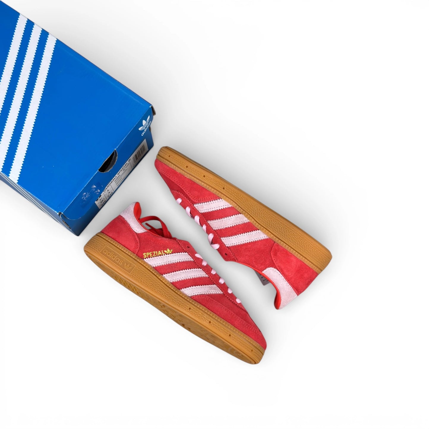 adidas Handball Spezial in bright red suede with clear pink stripes and gum sole, women’s EU 36 2/3