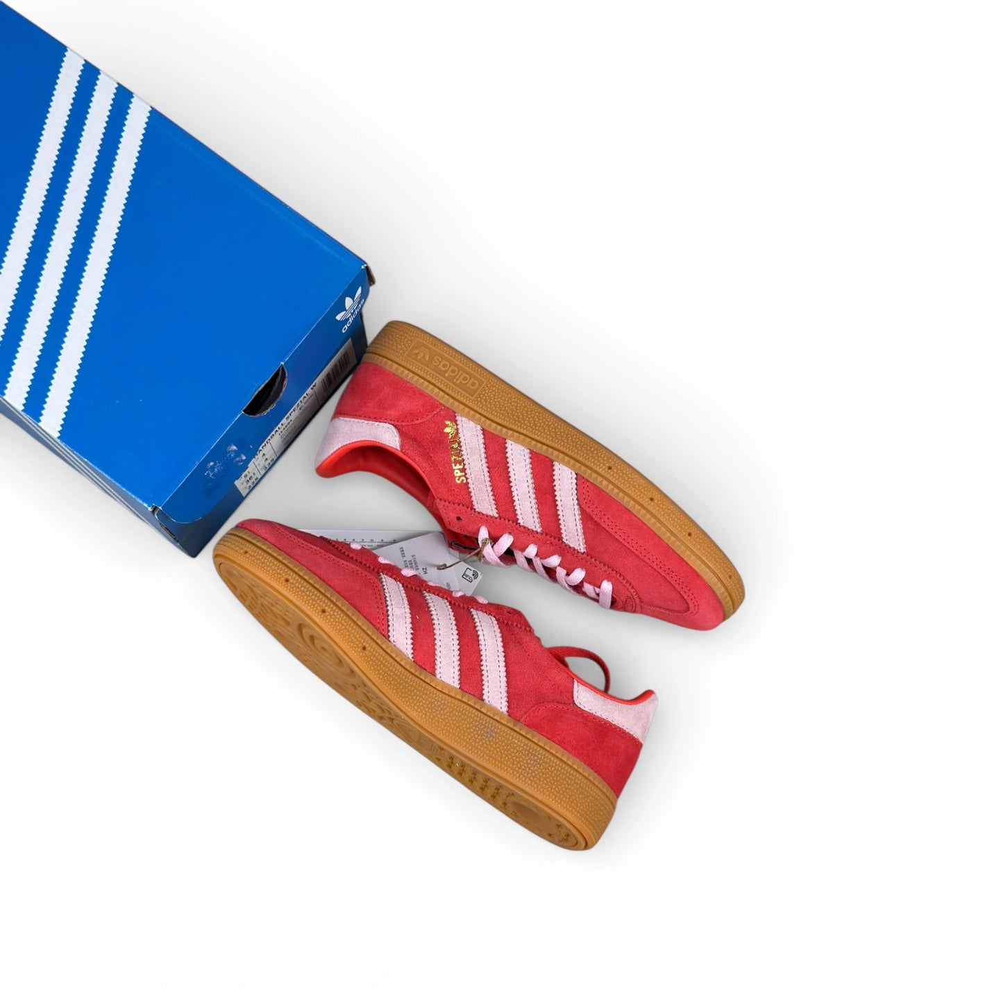 adidas Handball Spezial in bright red suede with clear pink stripes and gum sole, women’s EU 36 2/3