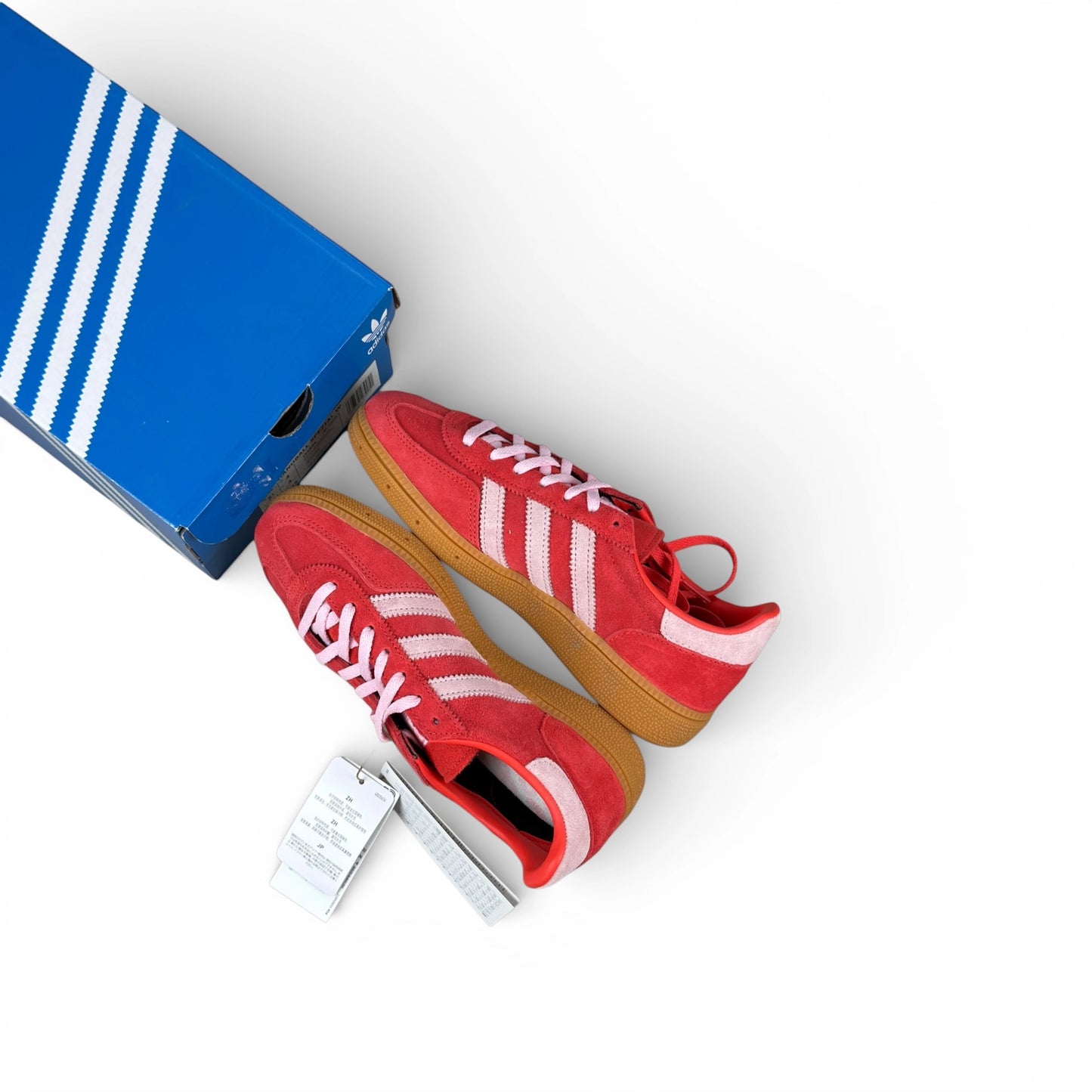 adidas Handball Spezial in bright red suede with clear pink stripes and gum sole, women’s EU 36 2/3