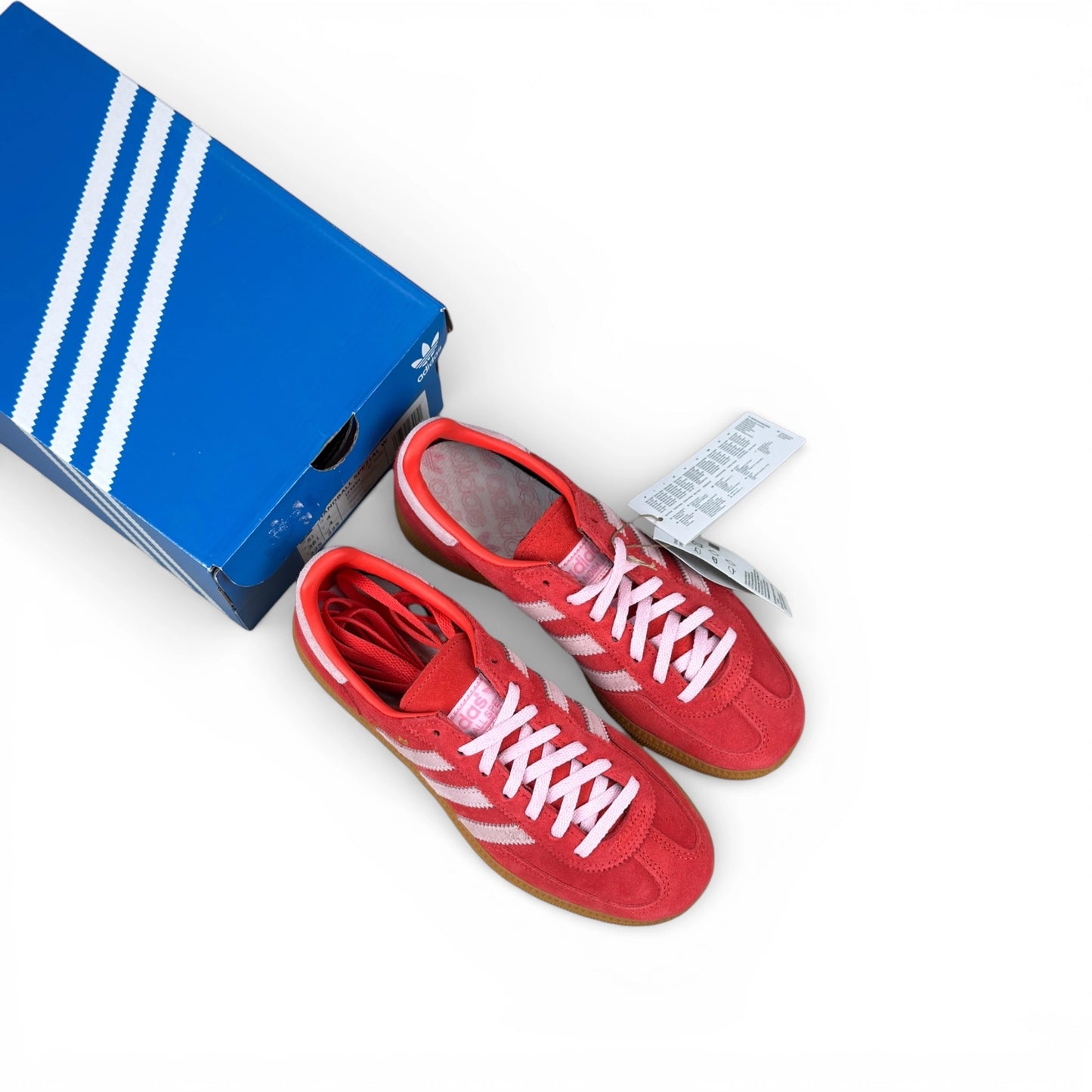 adidas Handball Spezial in bright red suede with clear pink stripes and gum sole, women’s EU 36 2/3