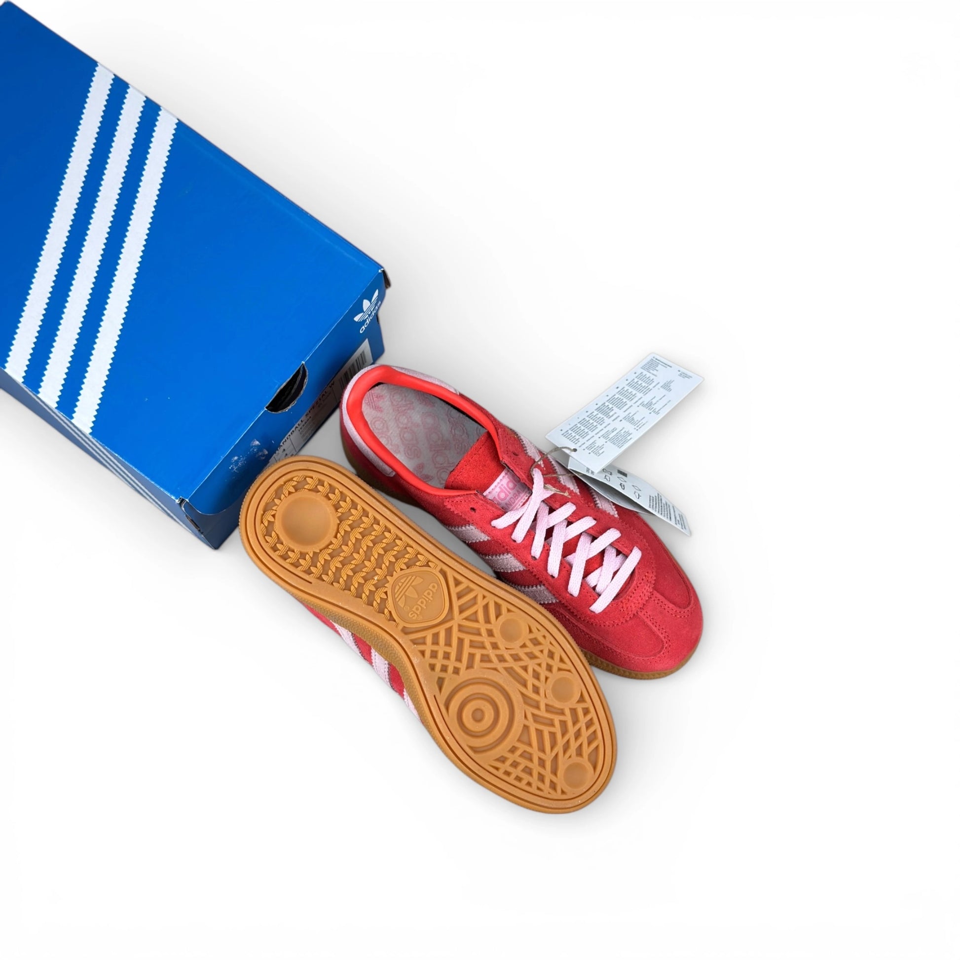 adidas Handball Spezial in bright red suede with clear pink stripes and gum sole, women’s EU 36 2/3