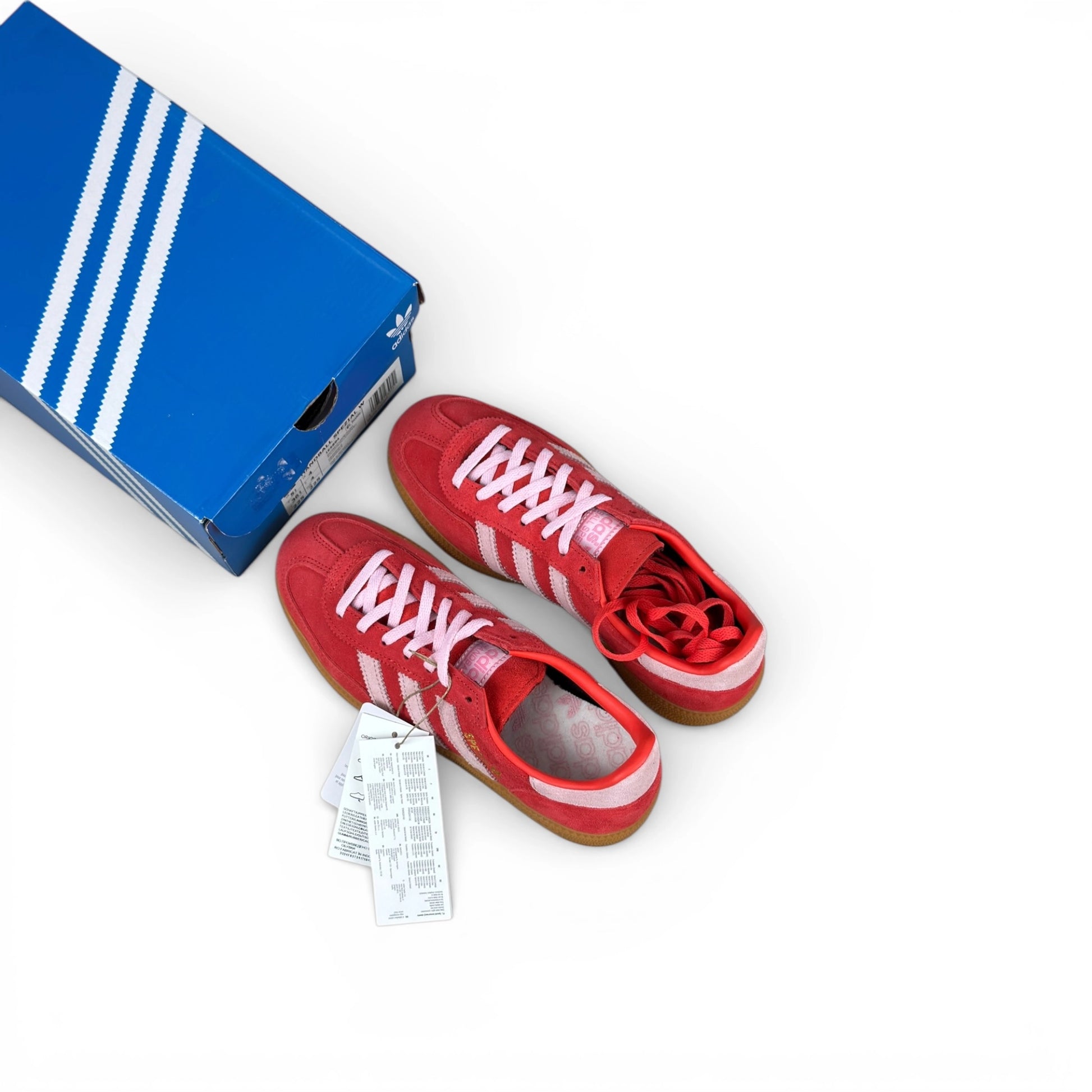 adidas Handball Spezial in bright red suede with clear pink stripes and gum sole, women’s EU 36 2/3