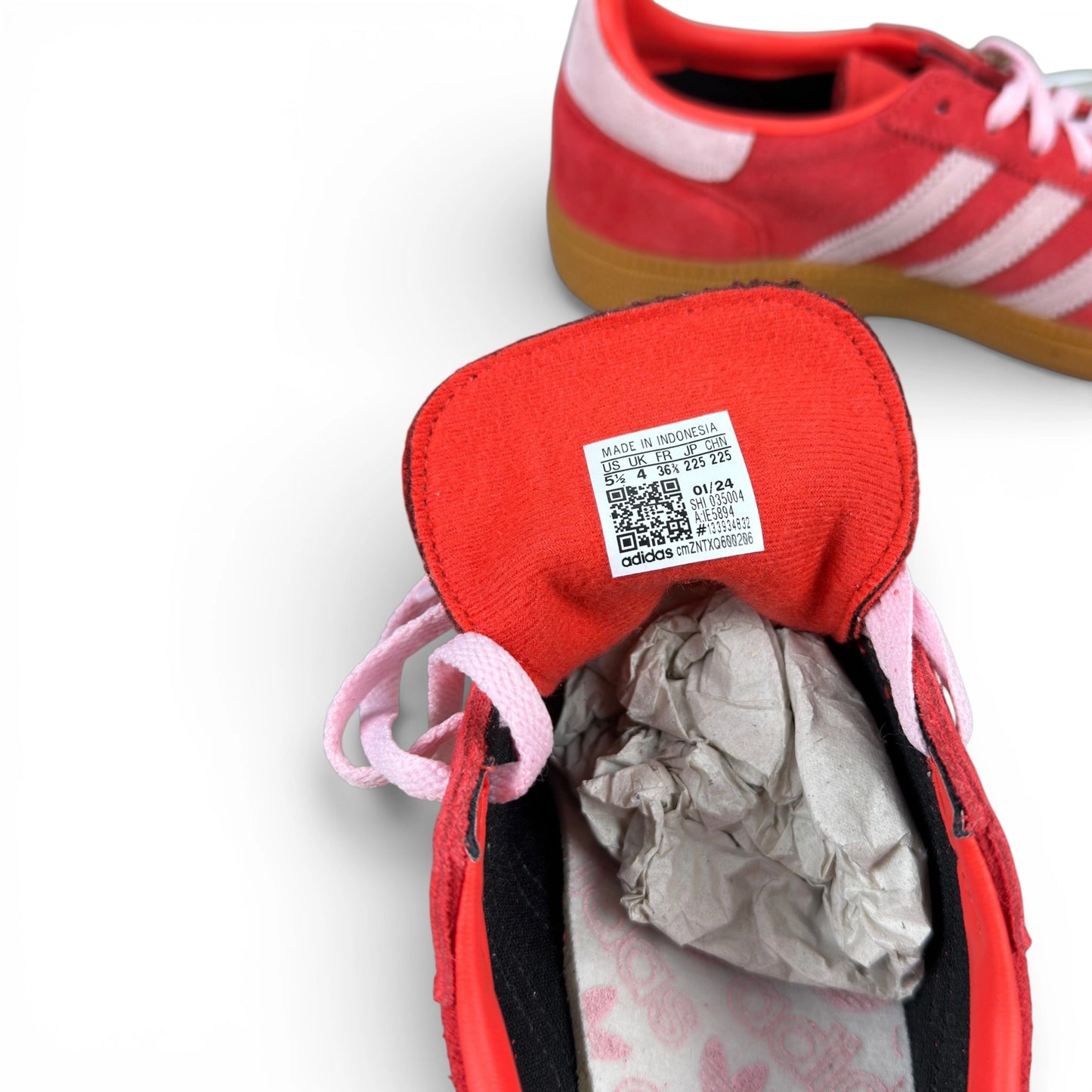 adidas Handball Spezial in bright red suede with clear pink stripes and gum sole, women’s EU 36 2/3