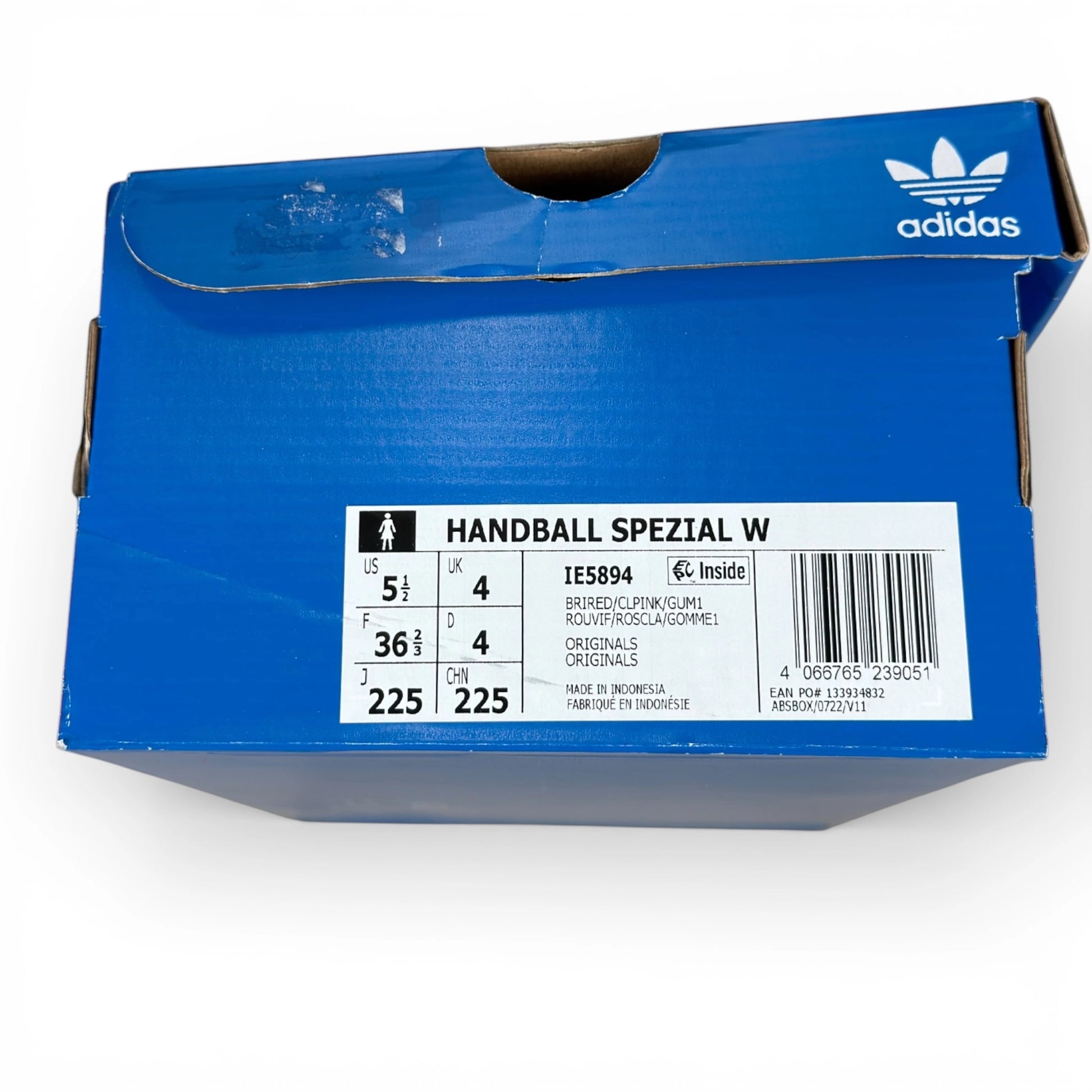 adidas Handball Spezial in bright red suede with clear pink stripes and gum sole, women’s EU 36 2/3