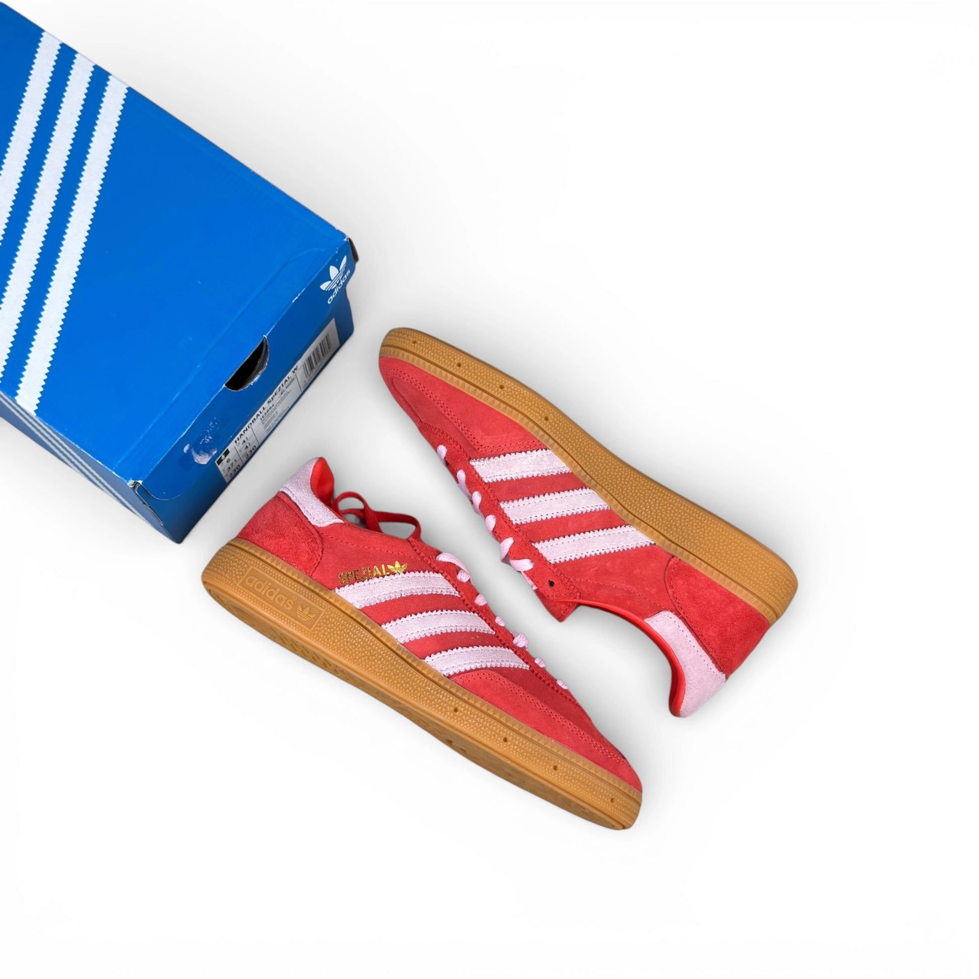 adidas Handball Spezial in bright red suede with clear pink stripes and gum sole, women’s EU 37 1/3