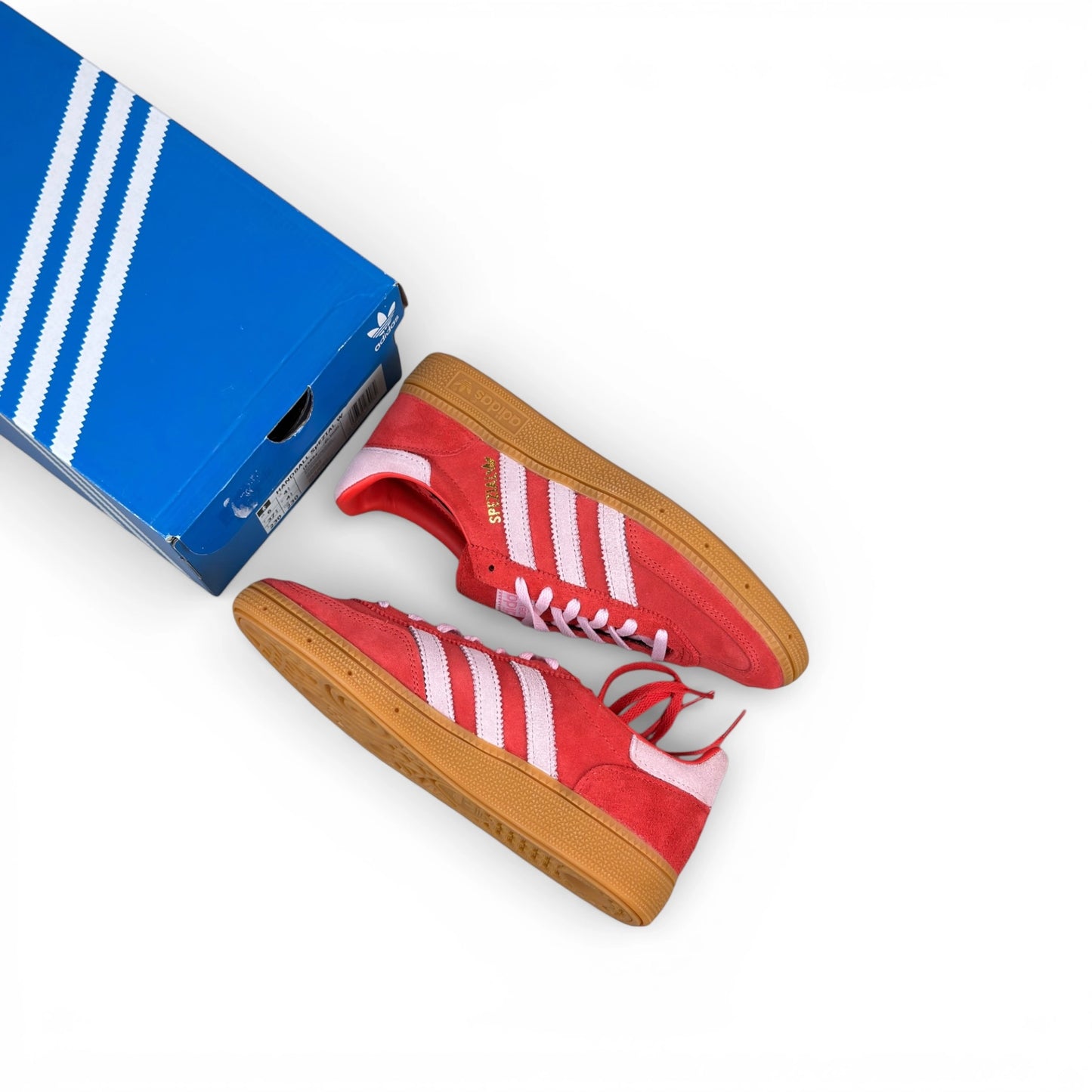 adidas Handball Spezial in bright red suede with clear pink stripes and gum sole, women’s EU 37 1/3