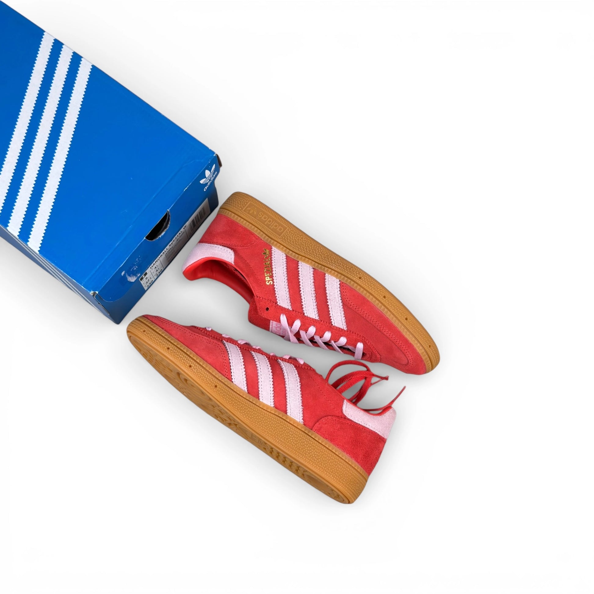 adidas Handball Spezial in bright red suede with clear pink stripes and gum sole, women’s EU 37 1/3