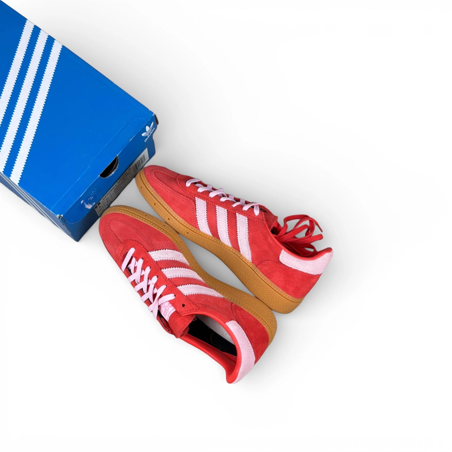adidas Handball Spezial in bright red suede with clear pink stripes and gum sole, women’s EU 37 1/3
