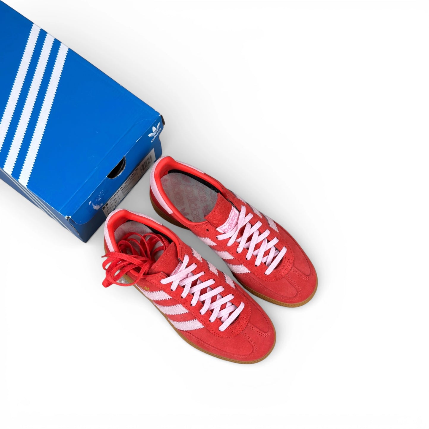 adidas Handball Spezial in bright red suede with clear pink stripes and gum sole, women’s EU 37 1/3