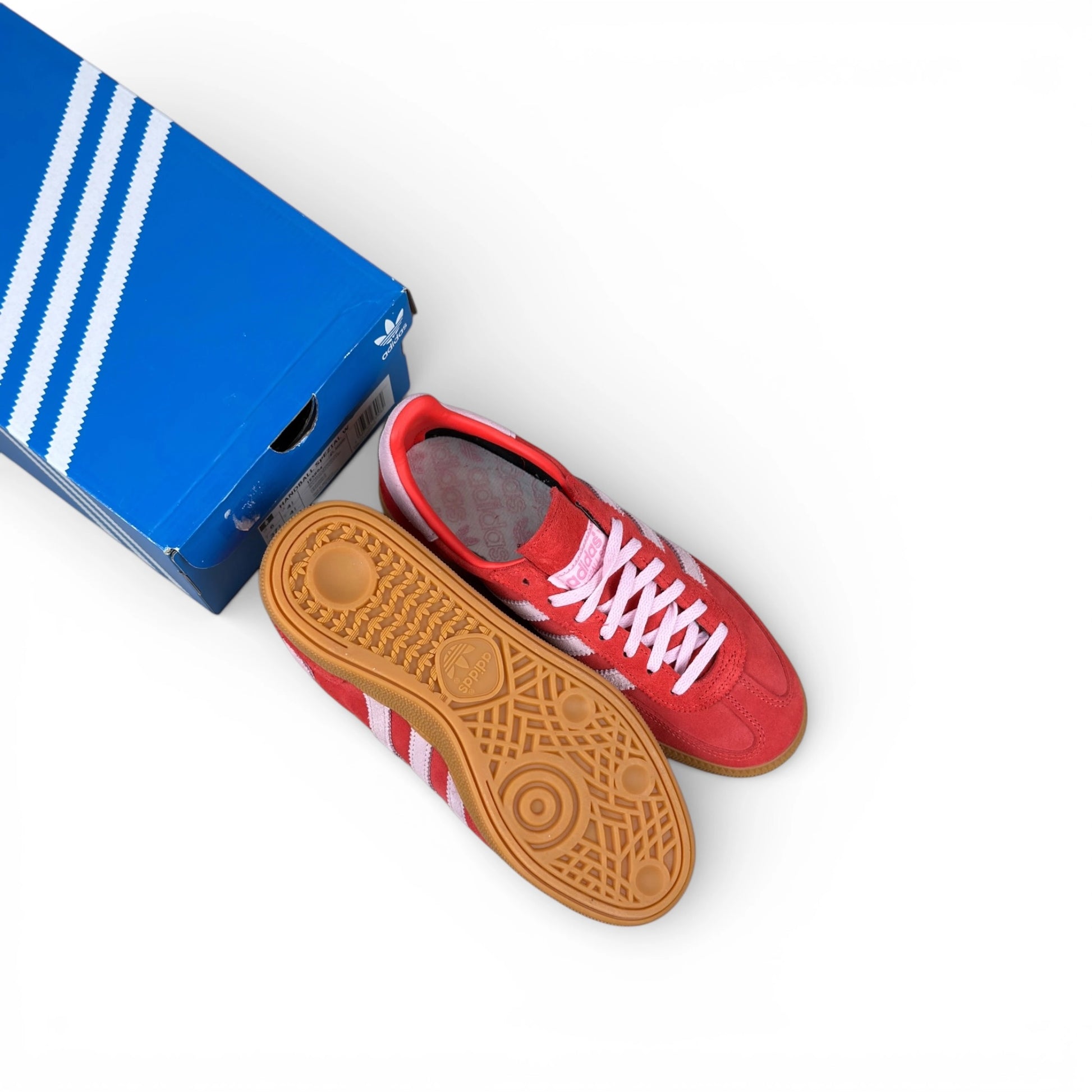 adidas Handball Spezial in bright red suede with clear pink stripes and gum sole, women’s EU 37 1/3