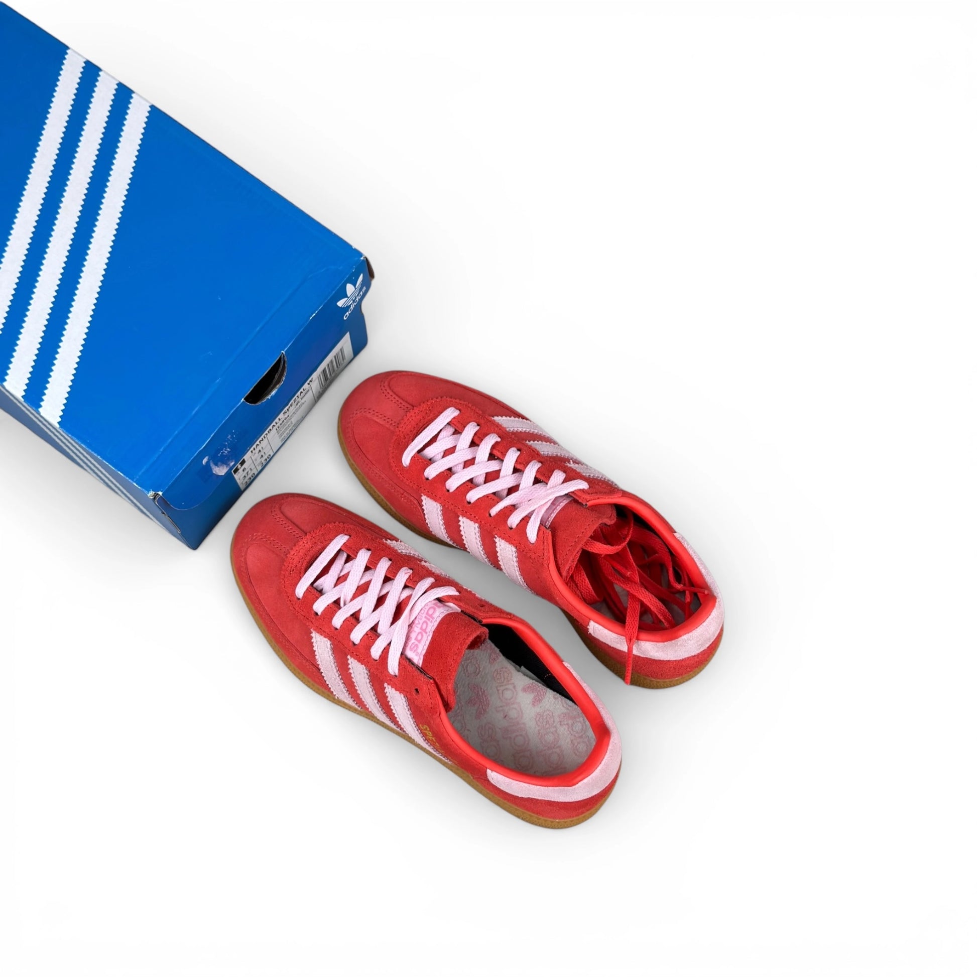 adidas Handball Spezial in bright red suede with clear pink stripes and gum sole, women’s EU 37 1/3