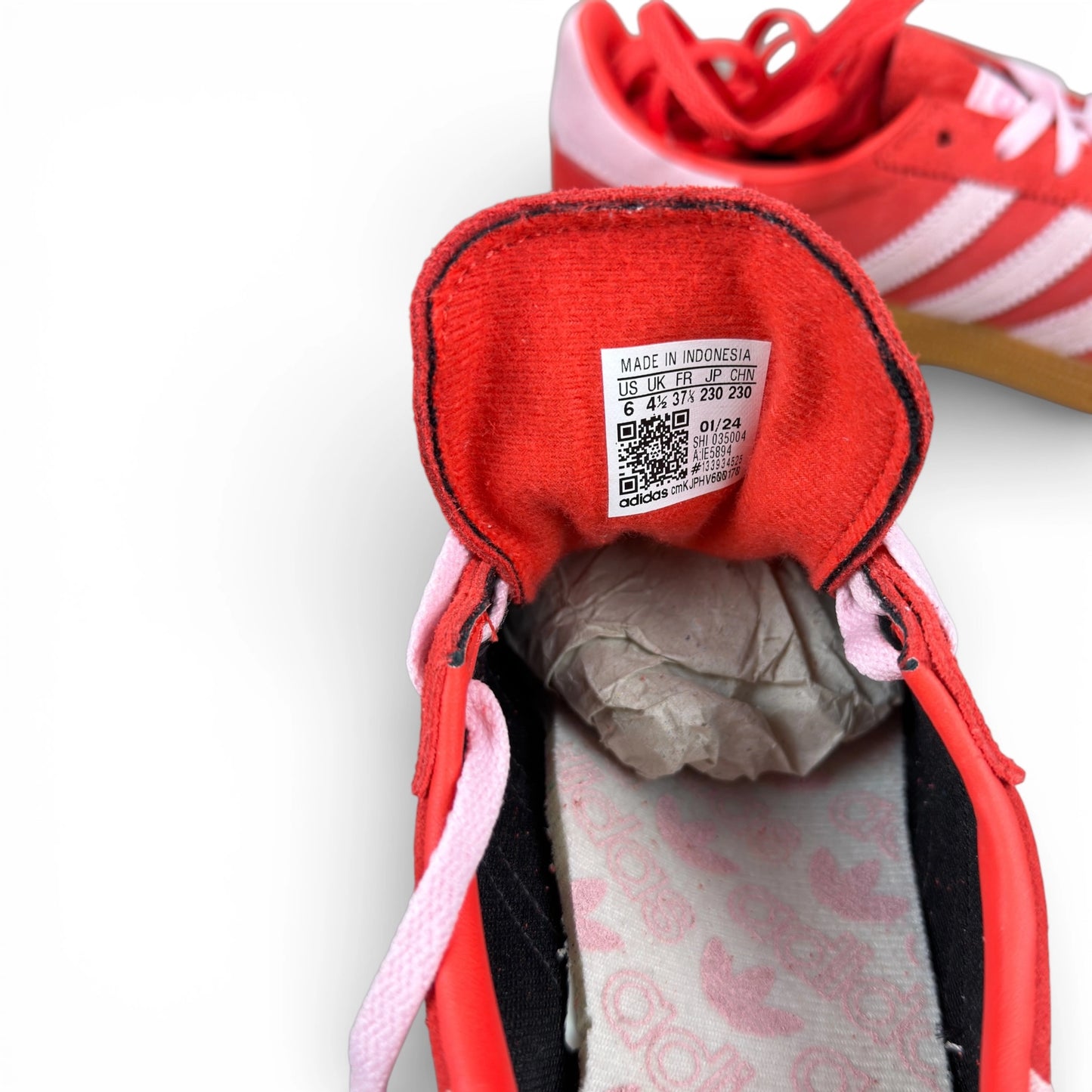 adidas Handball Spezial in bright red suede with clear pink stripes and gum sole, women’s EU 37 1/3