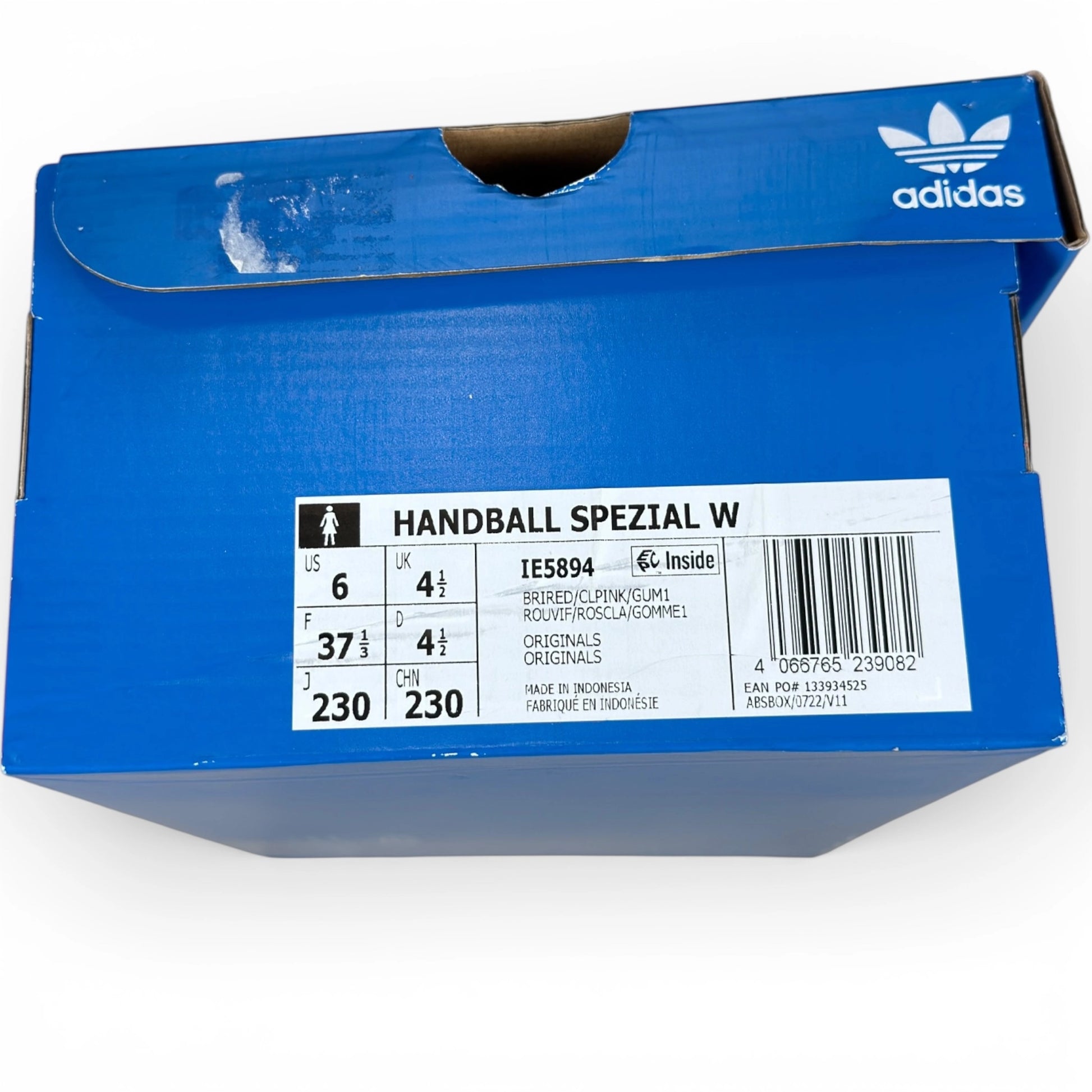 adidas Handball Spezial in bright red suede with clear pink stripes and gum sole, women’s EU 37 1/3