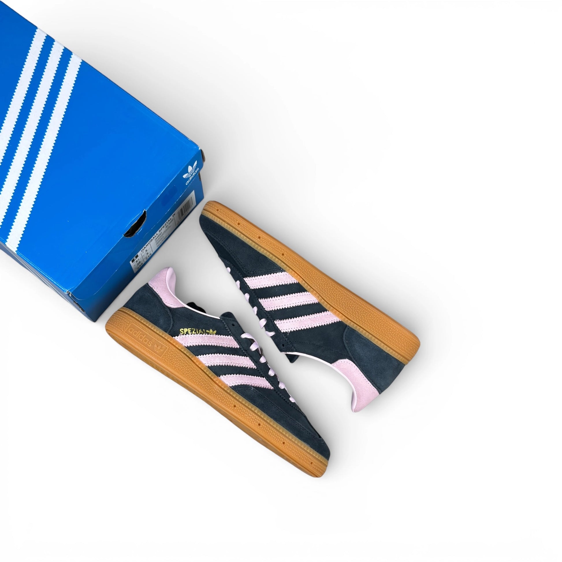 adidas Handball Spezial in black suede with pink 3-Stripes and vintage gum sole, women’s EU 38