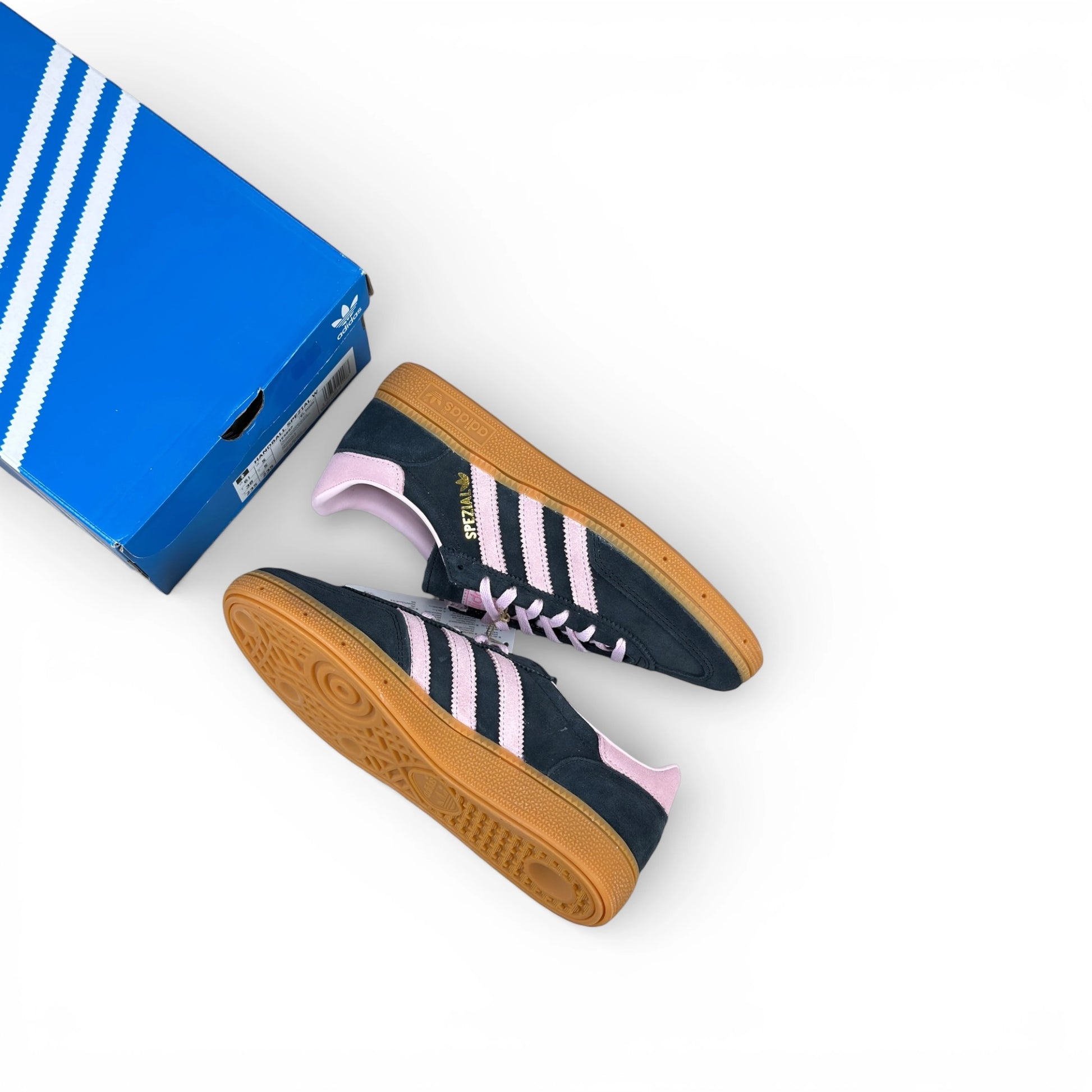 adidas Handball Spezial in black suede with pink 3-Stripes and vintage gum sole, women’s EU 38