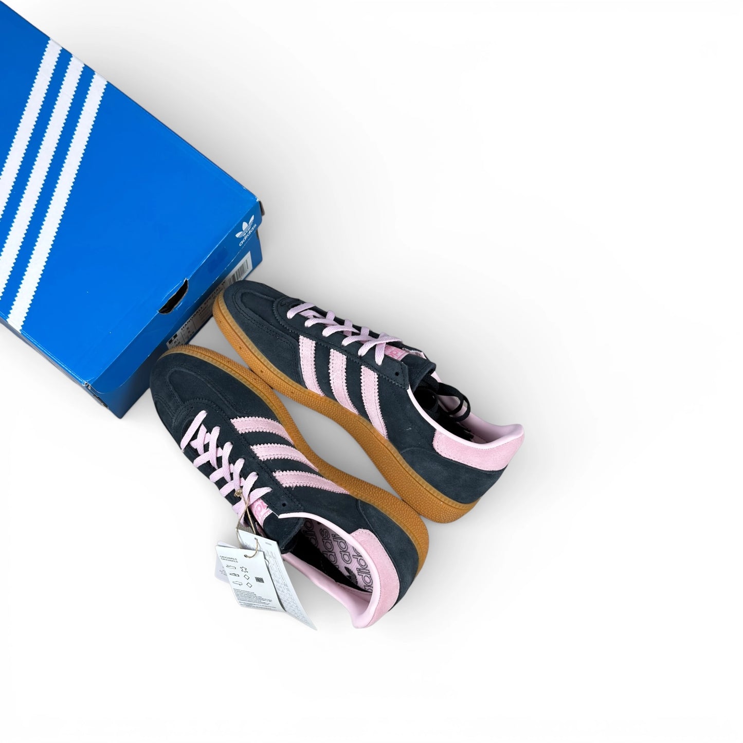 adidas Handball Spezial in black suede with pink 3-Stripes and vintage gum sole, women’s EU 38