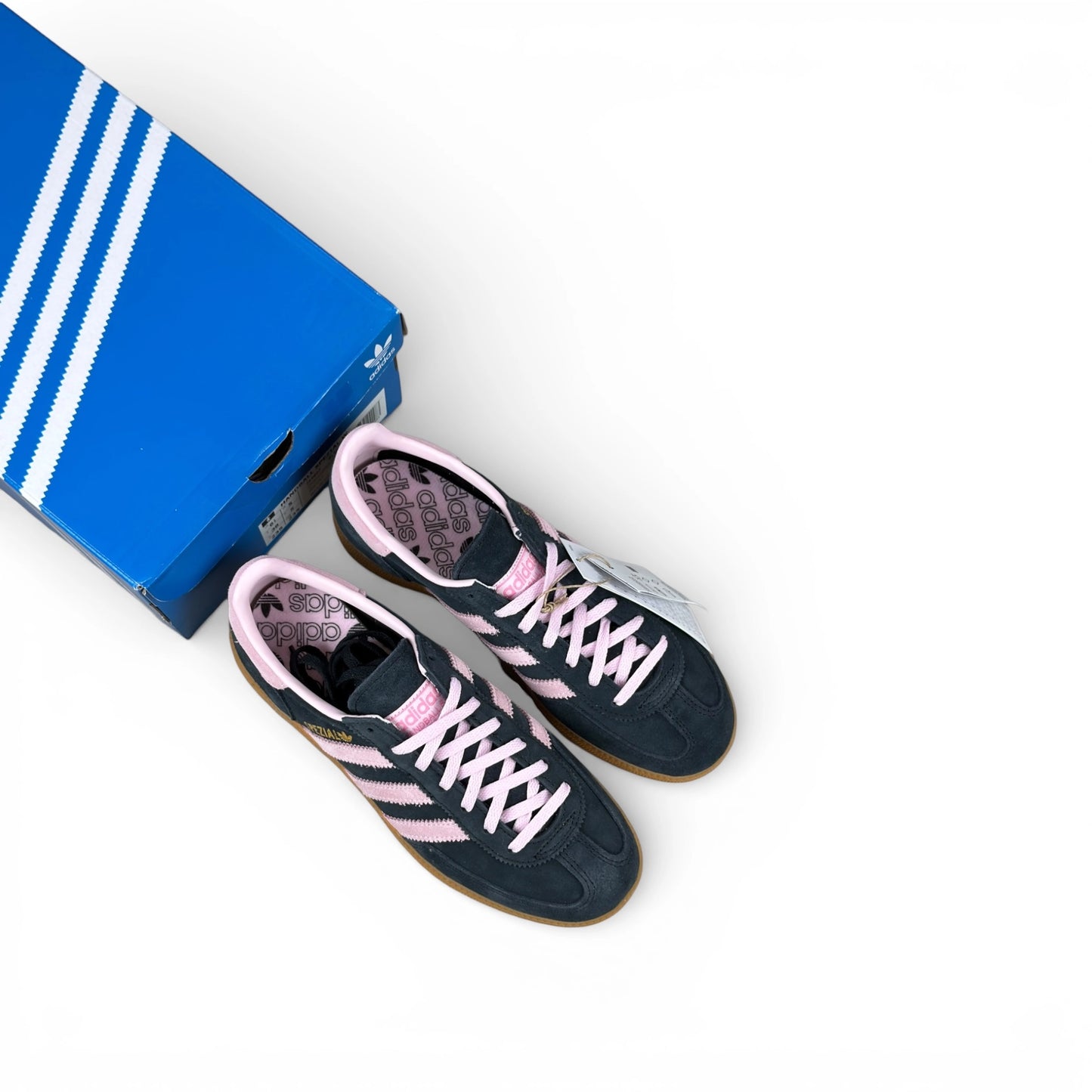 adidas Handball Spezial in black suede with pink 3-Stripes and vintage gum sole, women’s EU 38