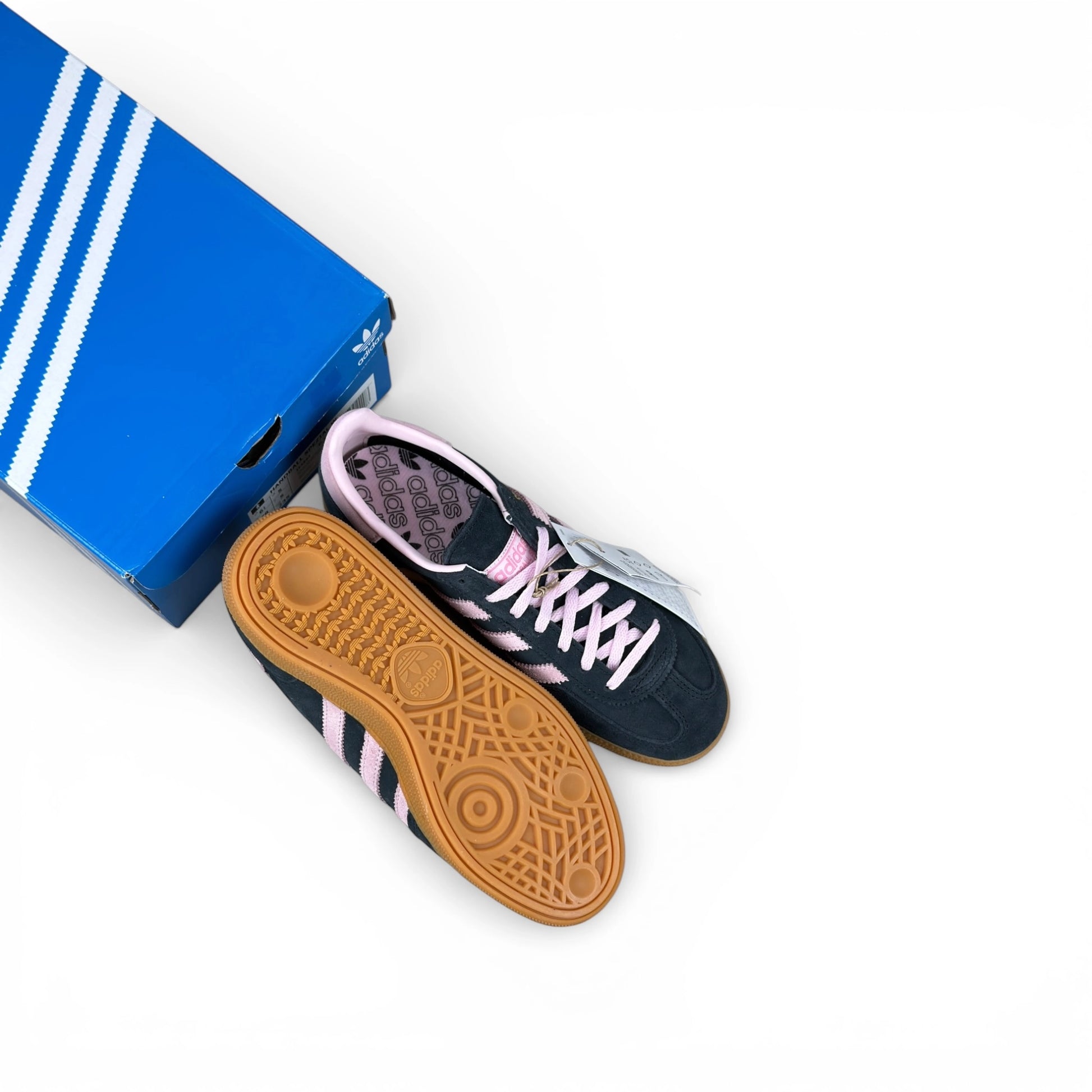 adidas Handball Spezial in black suede with pink 3-Stripes and vintage gum sole, women’s EU 38