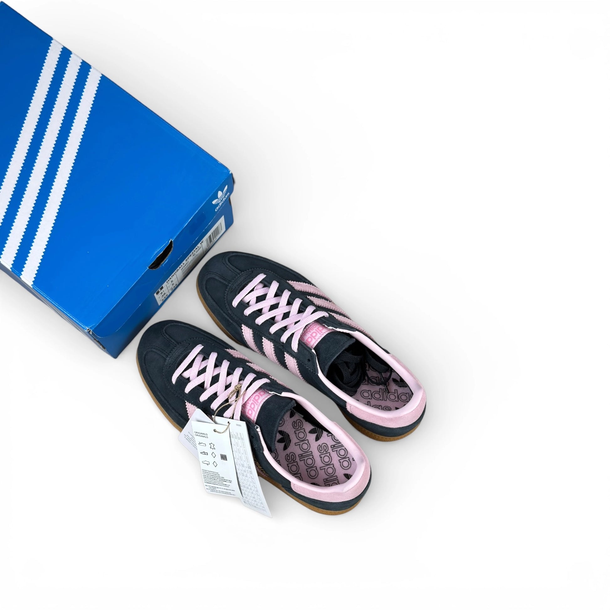 adidas Handball Spezial in black suede with pink 3-Stripes and vintage gum sole, women’s EU 38