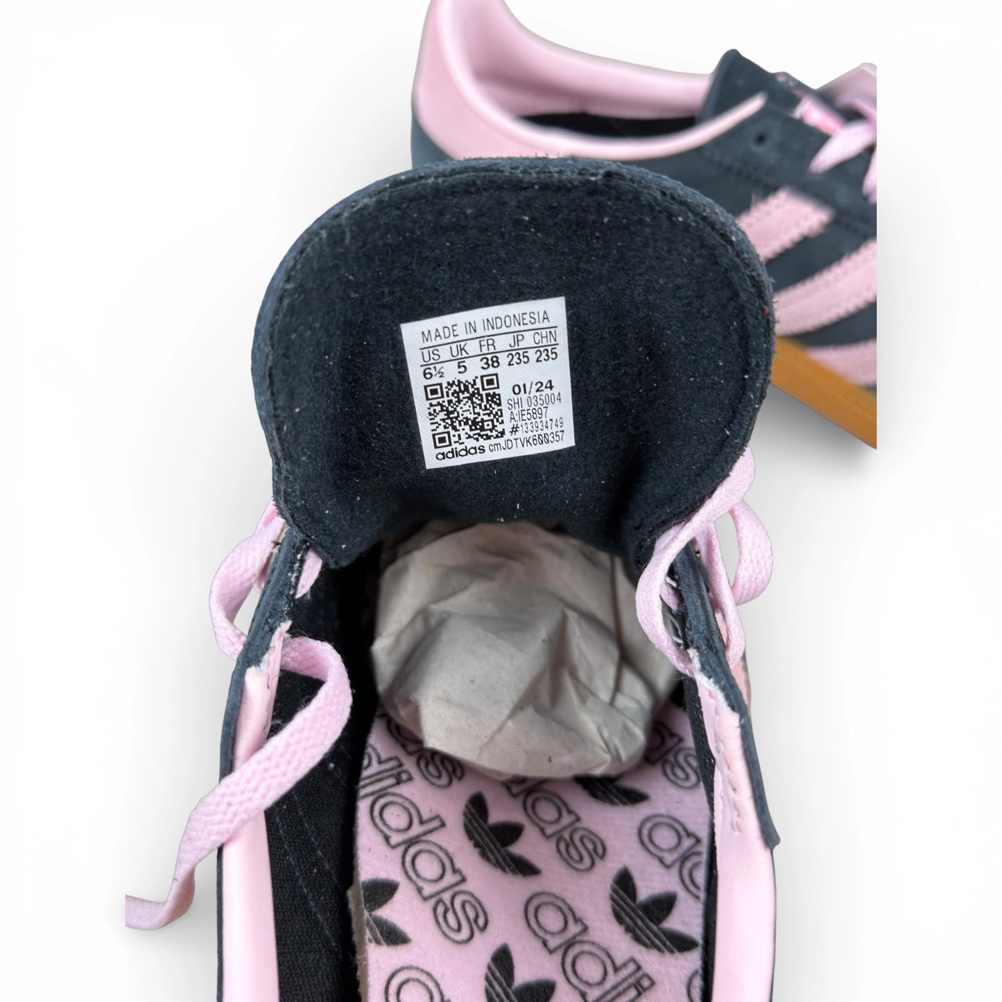 adidas Handball Spezial in black suede with pink 3-Stripes and vintage gum sole, women’s EU 38