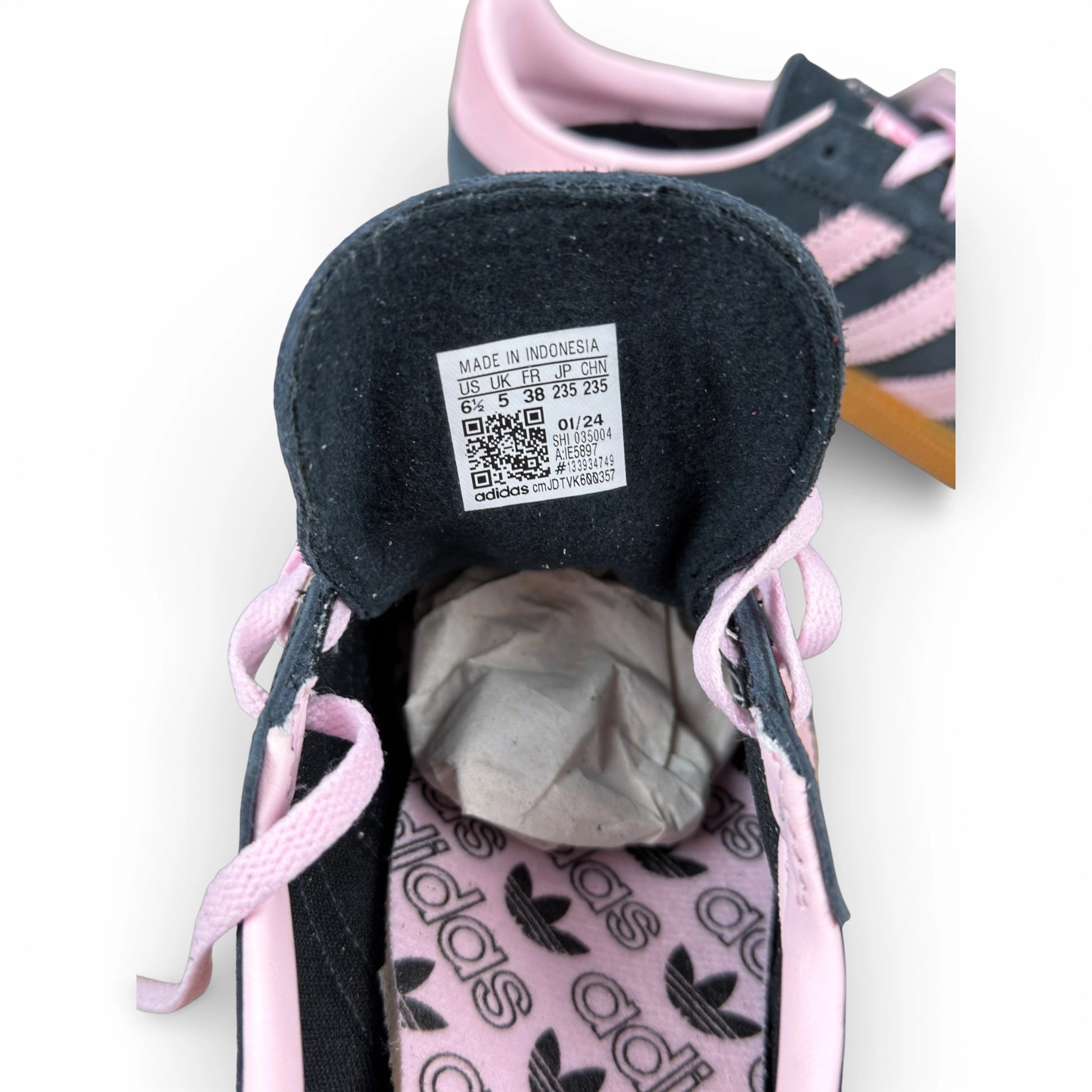 adidas Handball Spezial in black suede with pink 3-Stripes and vintage gum sole, women’s EU 38