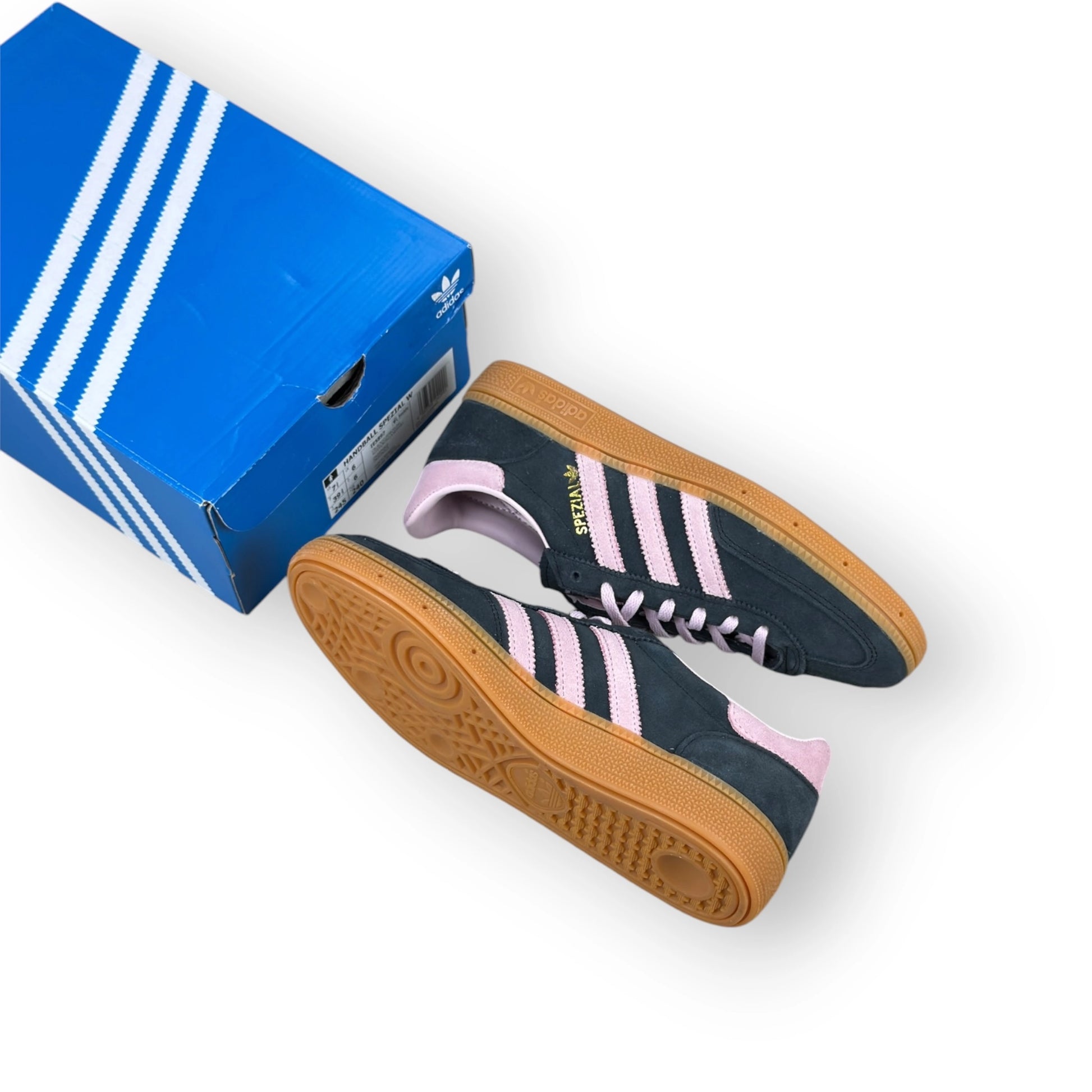 adidas Handball Spezial in black suede with pink 3-Stripes and vintage gum sole, women’s EU 39 1/3