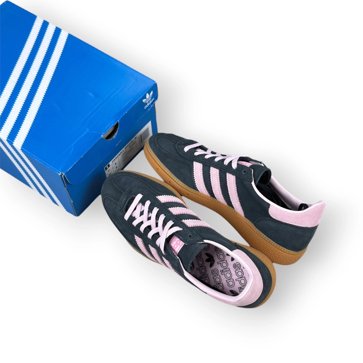adidas Handball Spezial in black suede with pink 3-Stripes and vintage gum sole, women’s EU 39 1/3