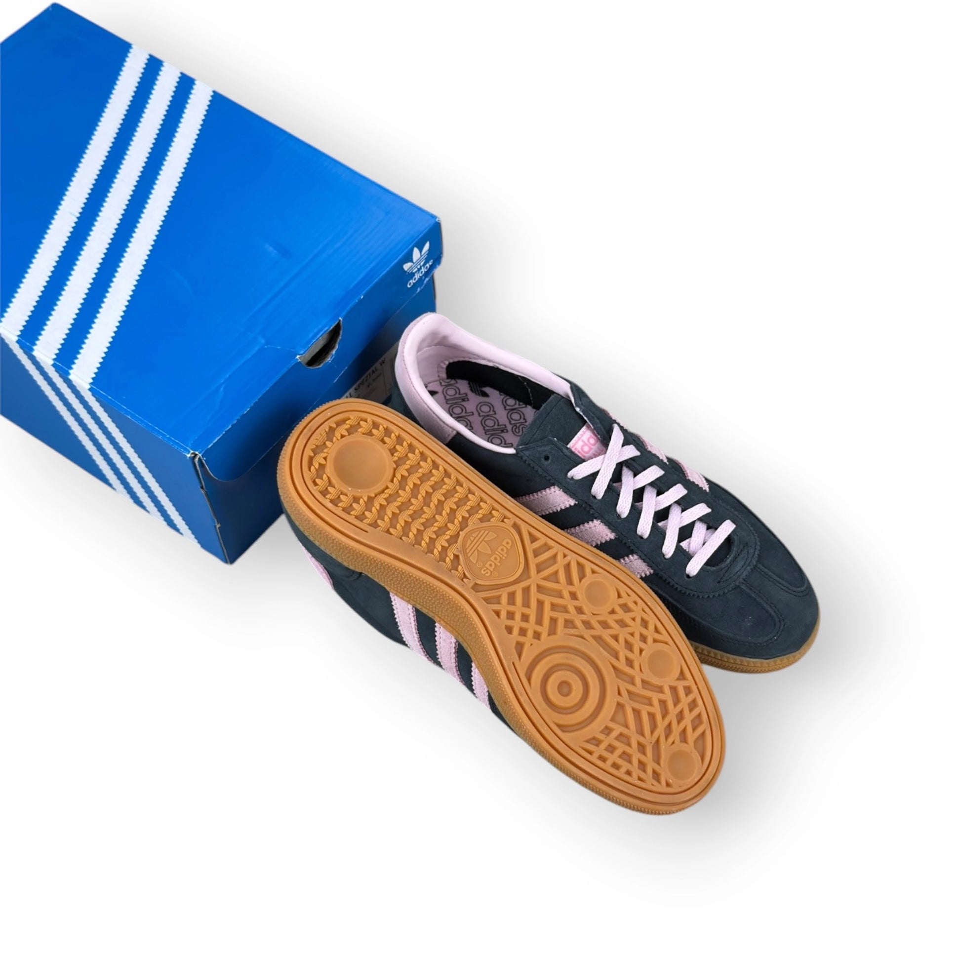 adidas Handball Spezial in black suede with pink 3-Stripes and vintage gum sole, women’s EU 39 1/3