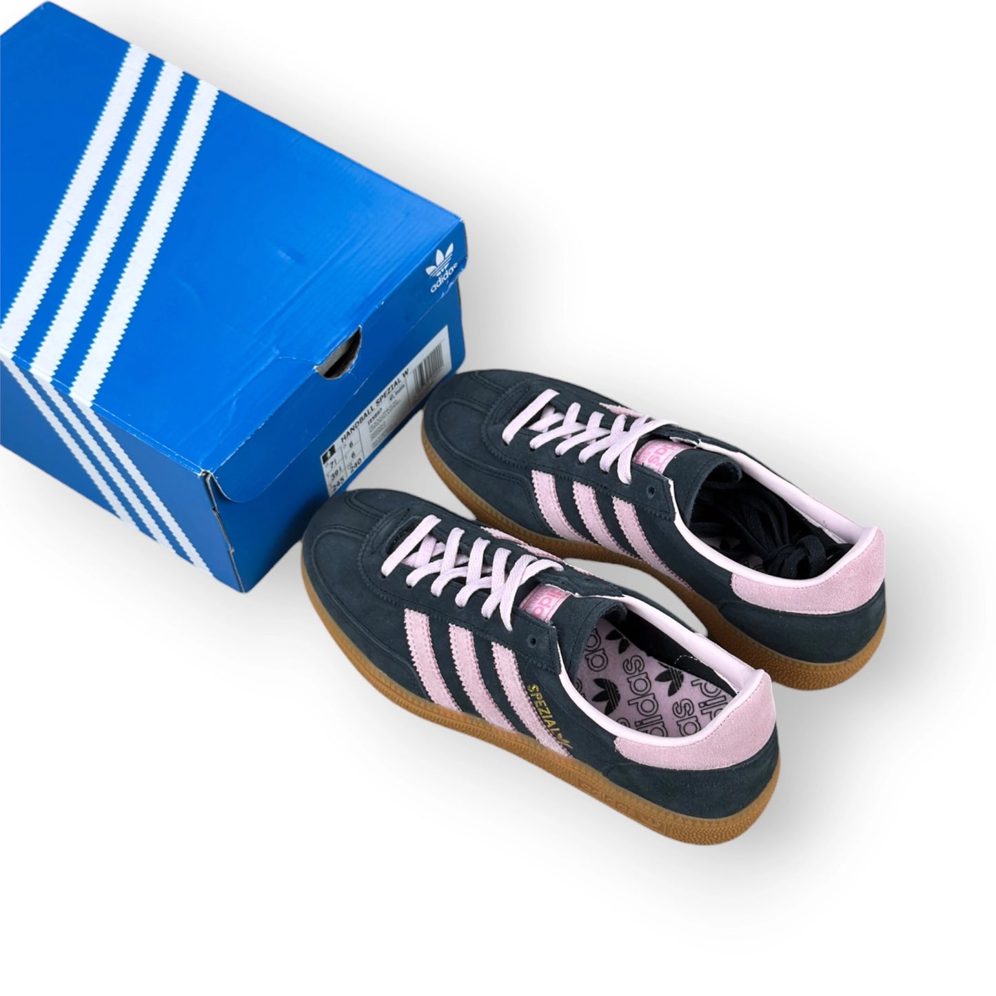 adidas Handball Spezial in black suede with pink 3-Stripes and vintage gum sole, women’s EU 39 1/3