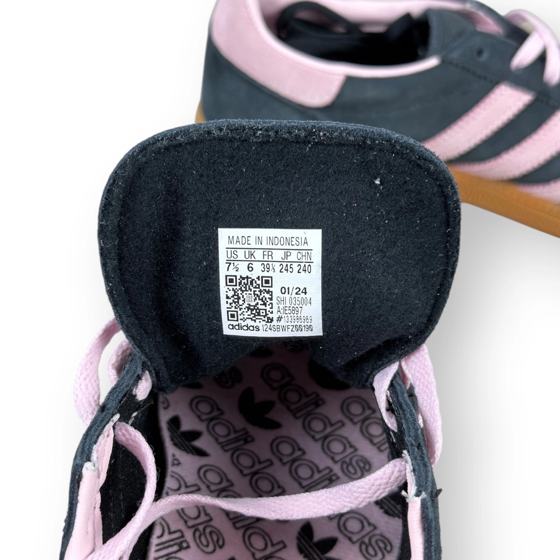 adidas Handball Spezial in black suede with pink 3-Stripes and vintage gum sole, women’s EU 39 1/3