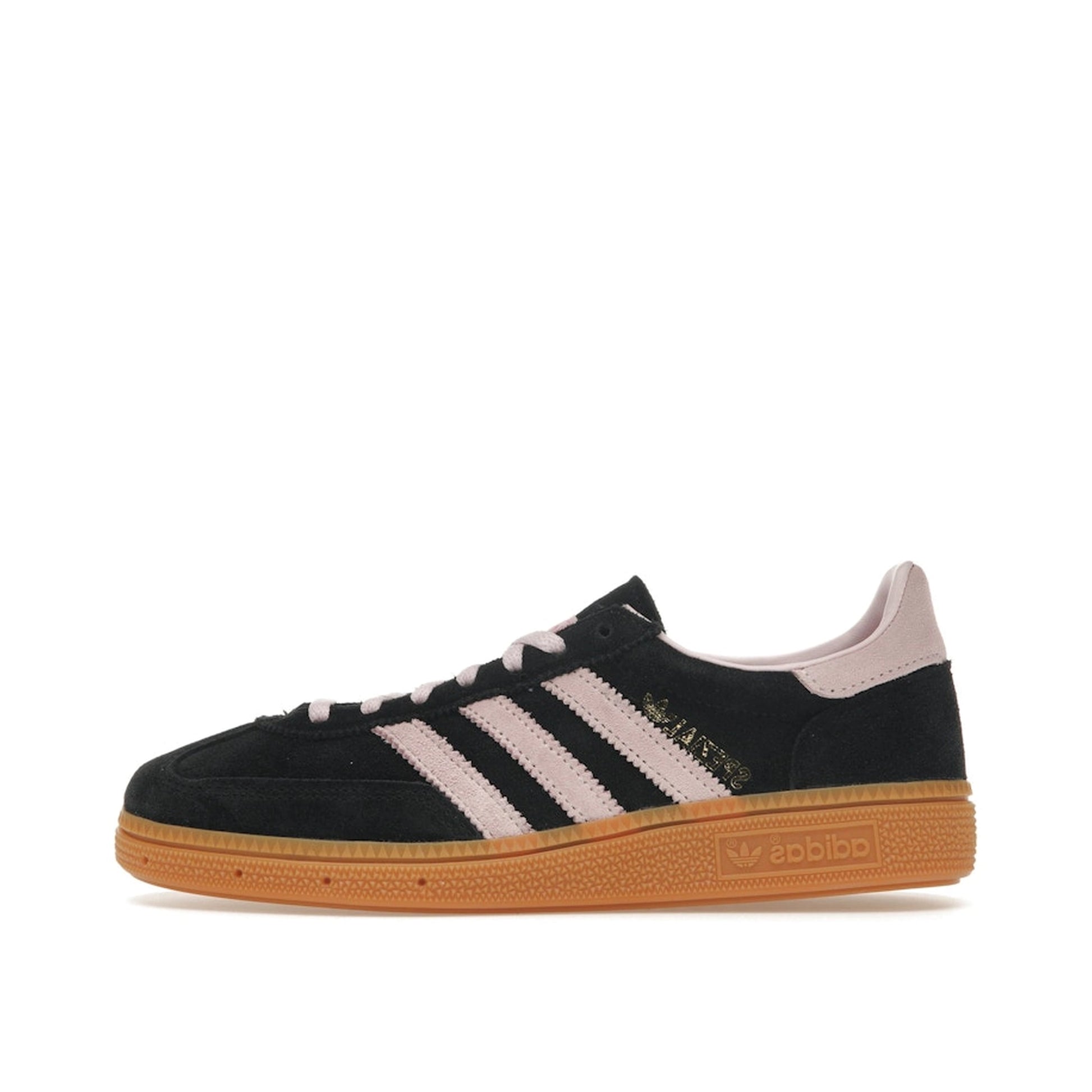 Adidas Handball Spezial sneakers, side view, model IE5897, black, pink, gum sole, women's.