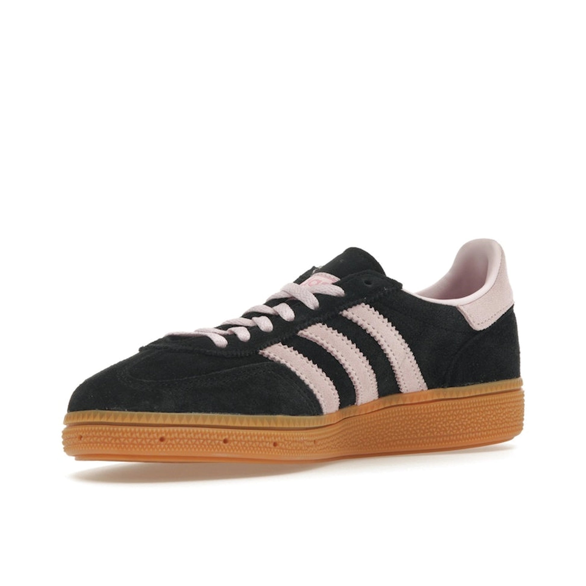 Adidas Handball Spezial sneakers, front view, model IE5897, black, pink, gum sole, women's.