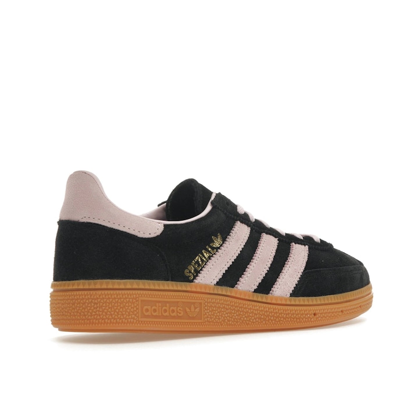 Adidas Handball Spezial sneakers, back view, model IE5897, black, pink, gum sole, women's.